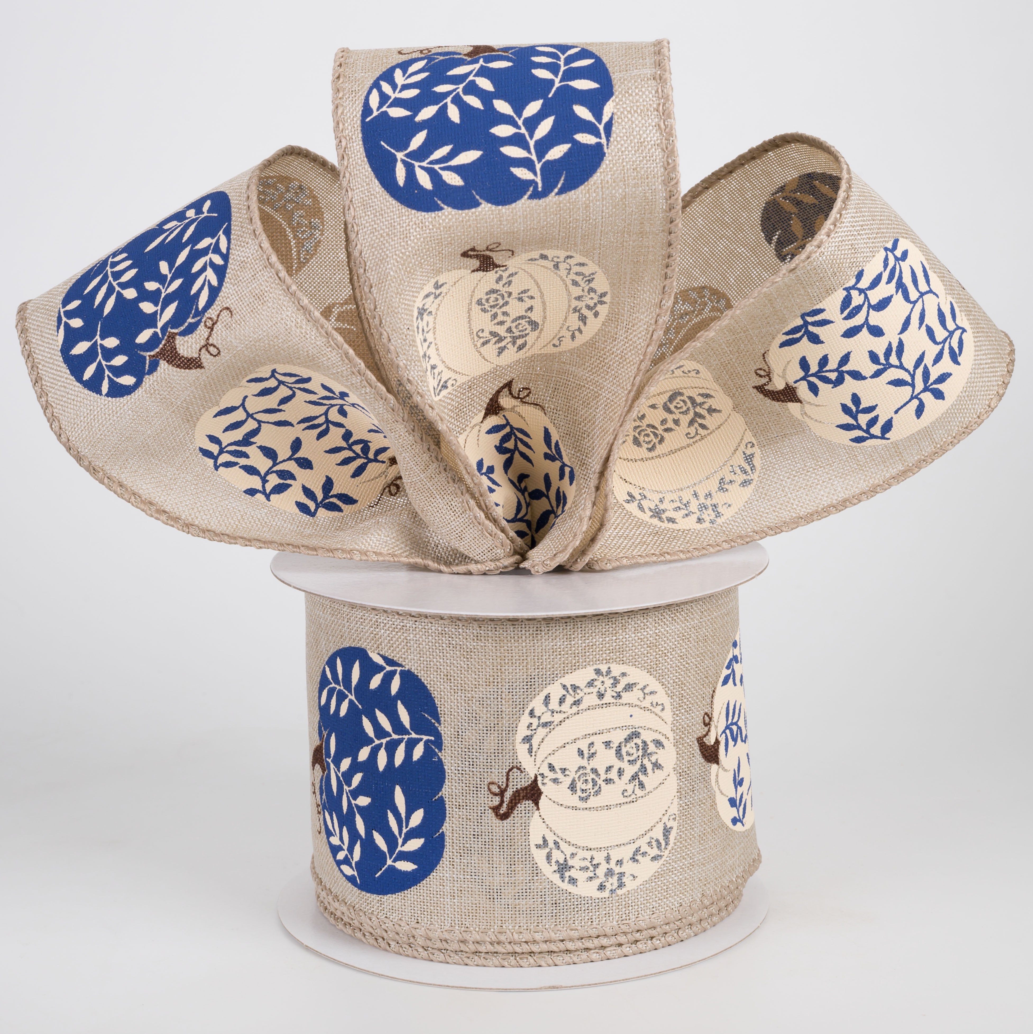 2.5" Linen Fancy Pumpkins Ribbon: Navy & Ivory on Natural (10 Yards) Lifestyle Photo