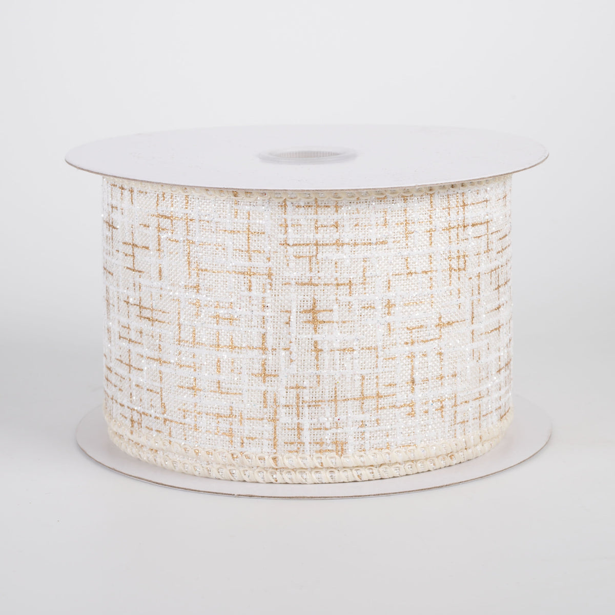 2.5" Linen Glitter Print Tweed Ribbon: White & Gold on Ivory (10 Yards) Item Number: 72325-40-41