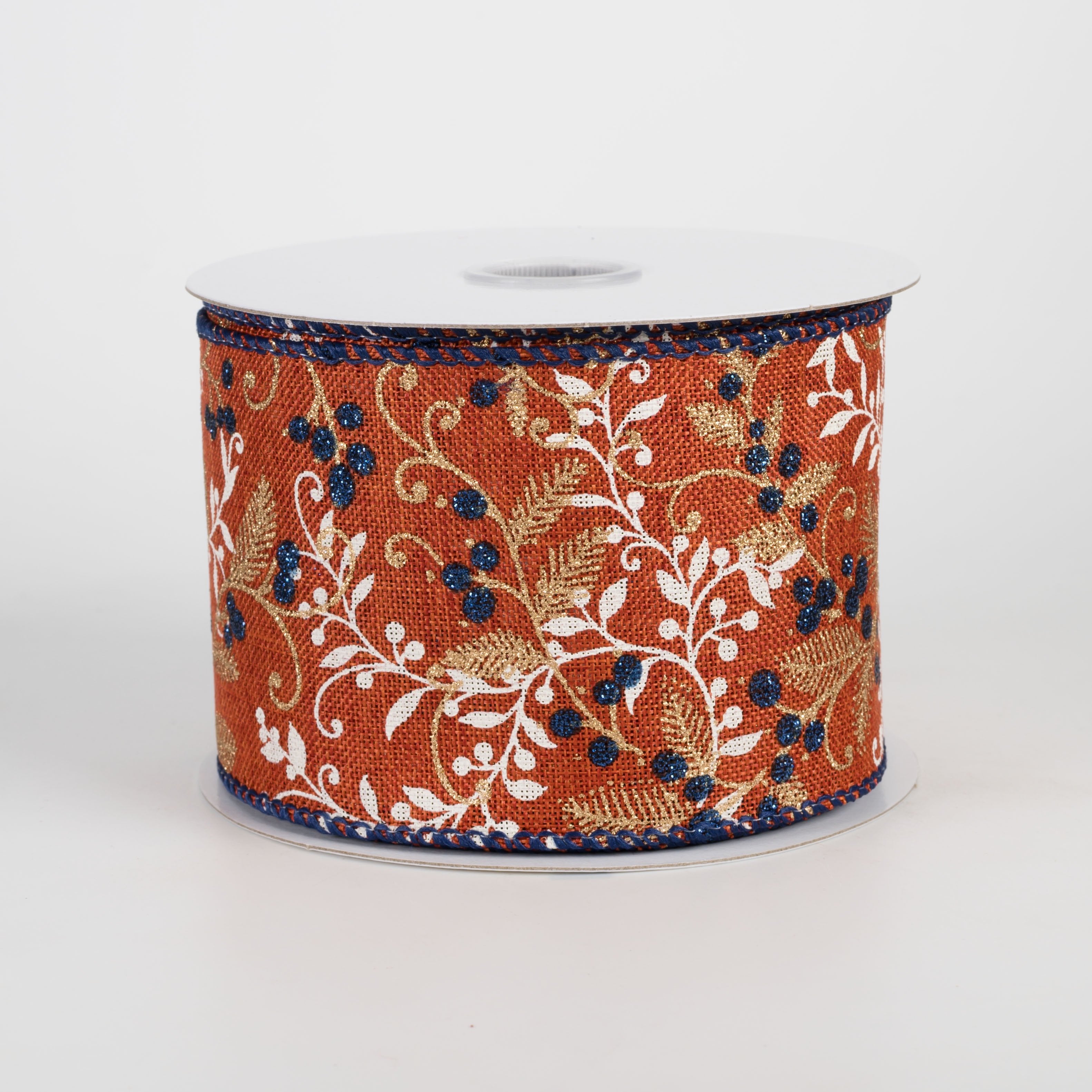 2.5" Linen Gold Vines & Navy Berries Ribbon: Rust (10 Yards) Item Number: 61502-40-31