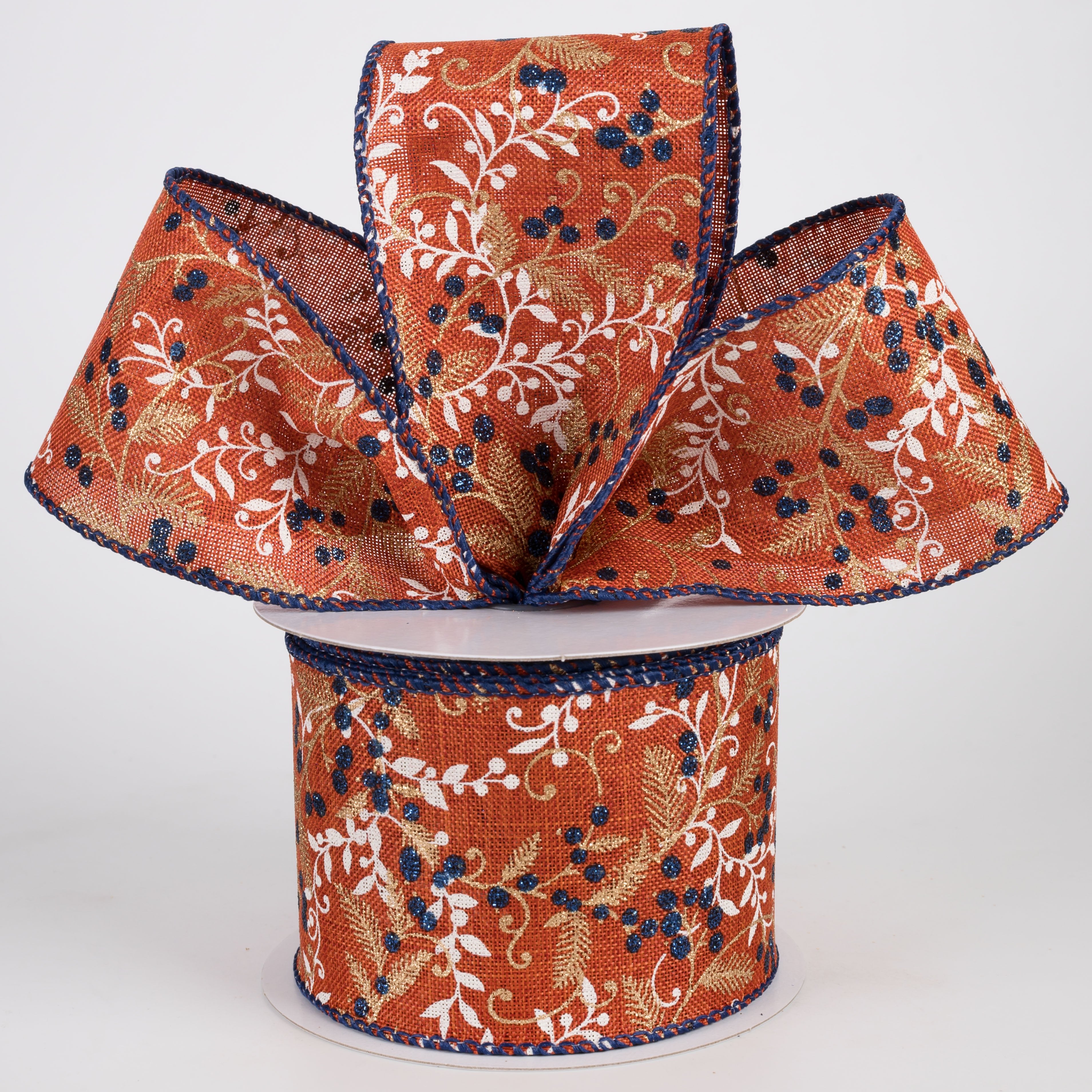 2.5" Linen Gold Vines & Navy Berries Ribbon: Rust (10 Yards) Lifestyle Photo