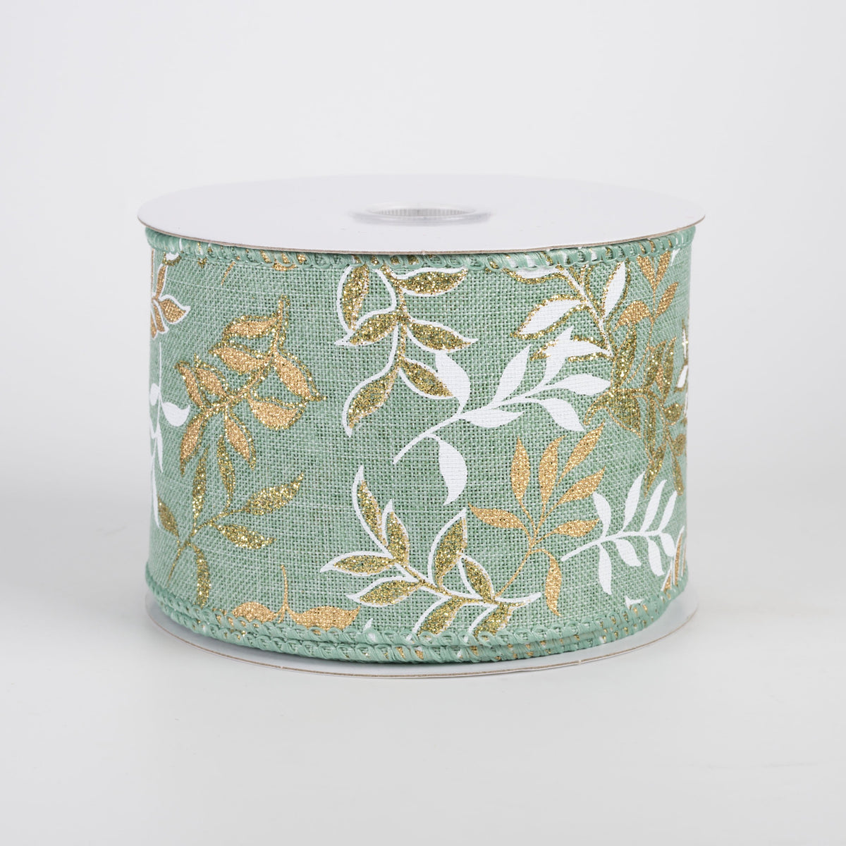 2.5" Linen Pressed Branches Ribbon: White & Gold on Sage (10 Yards) Item Number: 71492-40-06