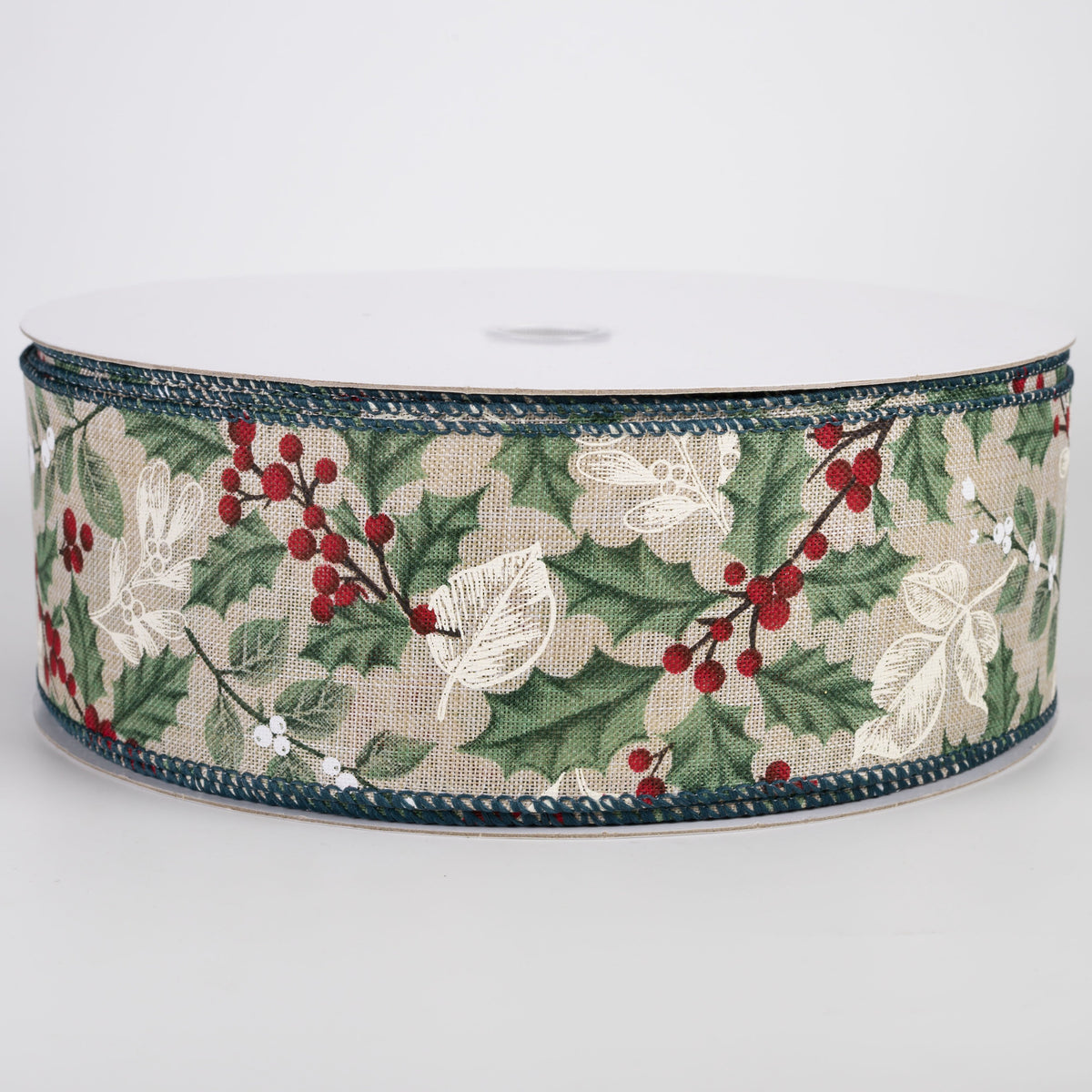 2.5" Linen Sage Holly Leaves & Berries Ribbon: Natural (50 Yards) Item Number: 871-40-628