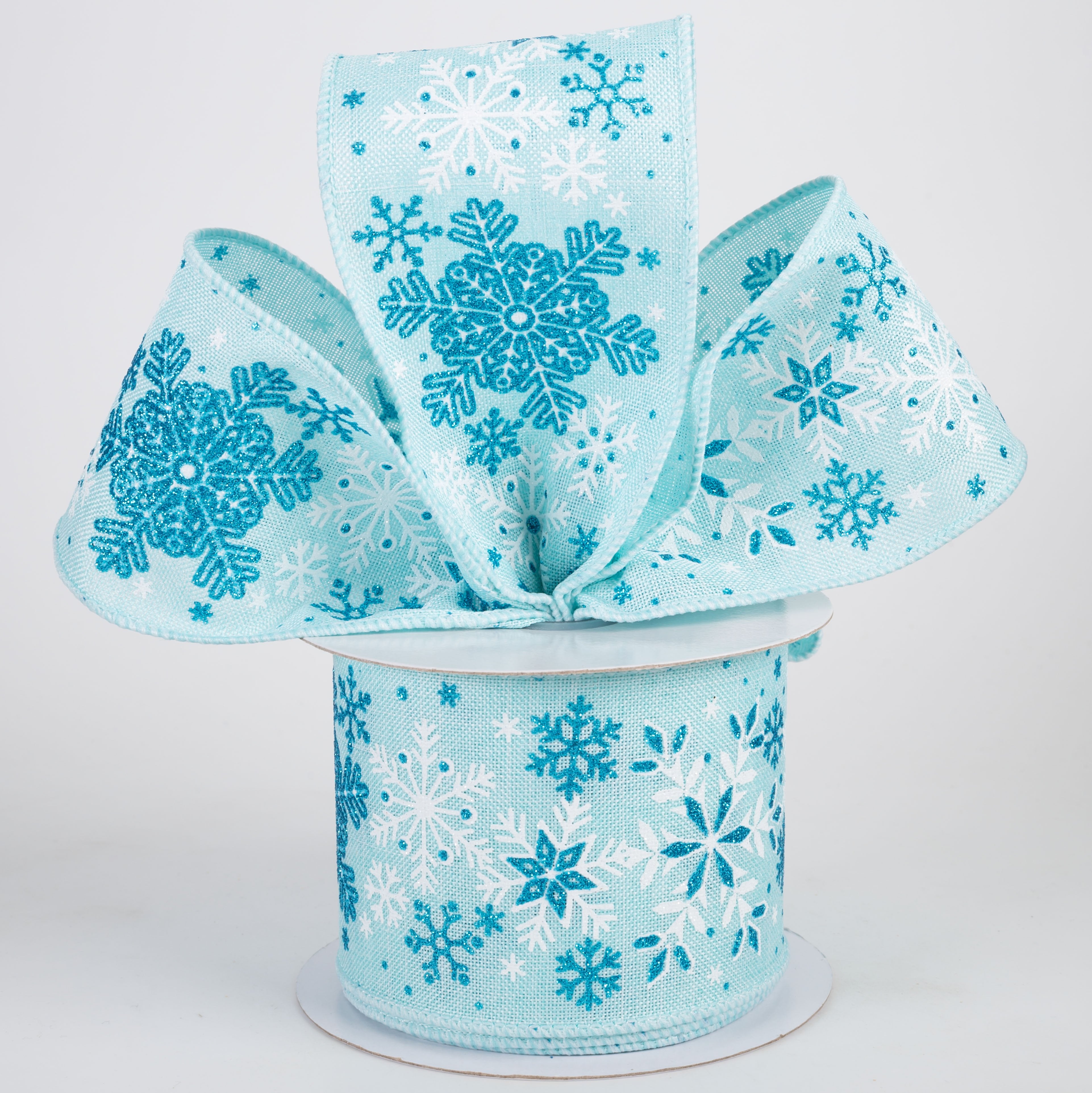 2.5" Linen Snowflakes Ribbon: Ice Blue, White & Turquoise (10 Yards) Lifestyle Photo