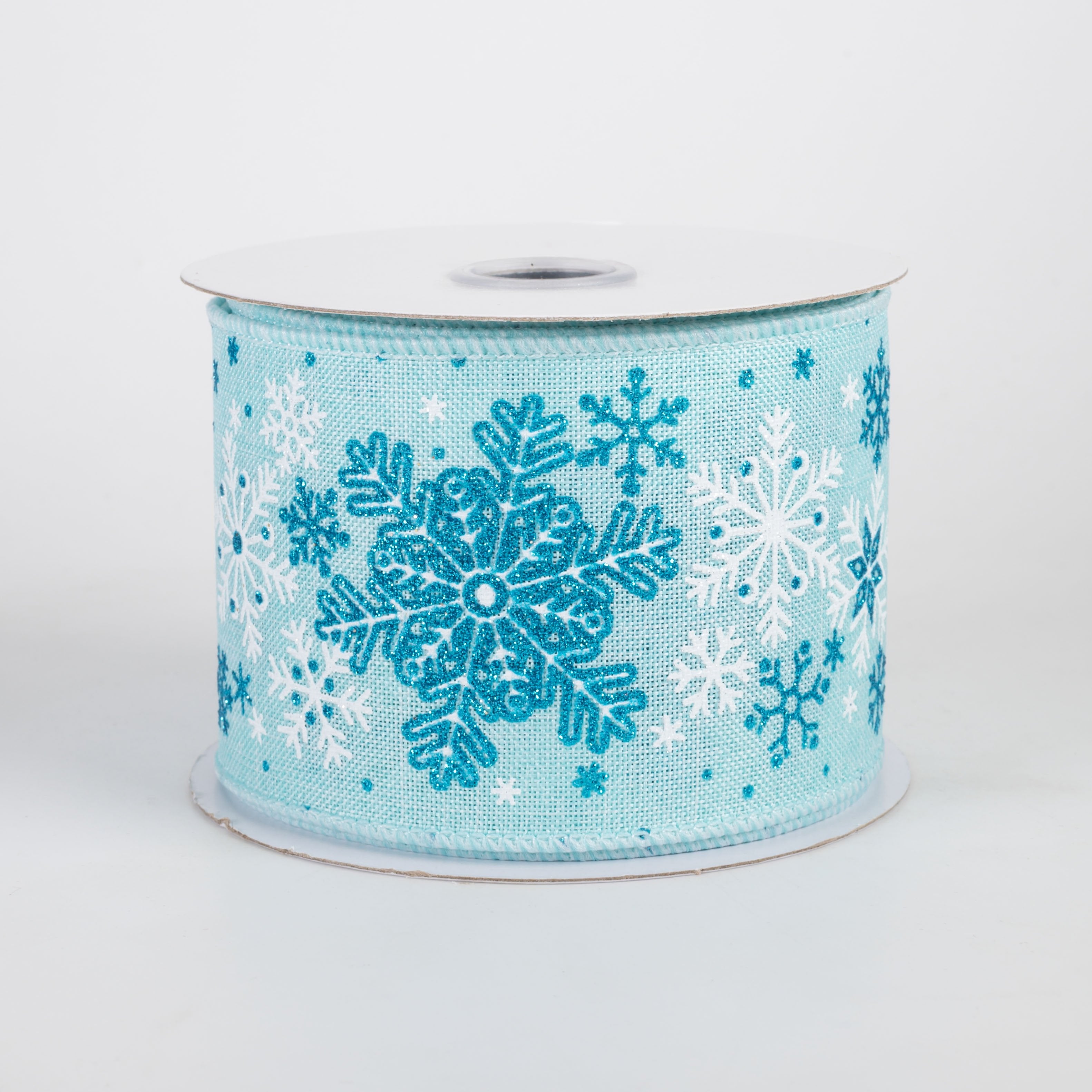 2.5" Linen Snowflakes Ribbon: Ice Blue, White & Turquoise (10 Yards) Item Number: RGH1213H1