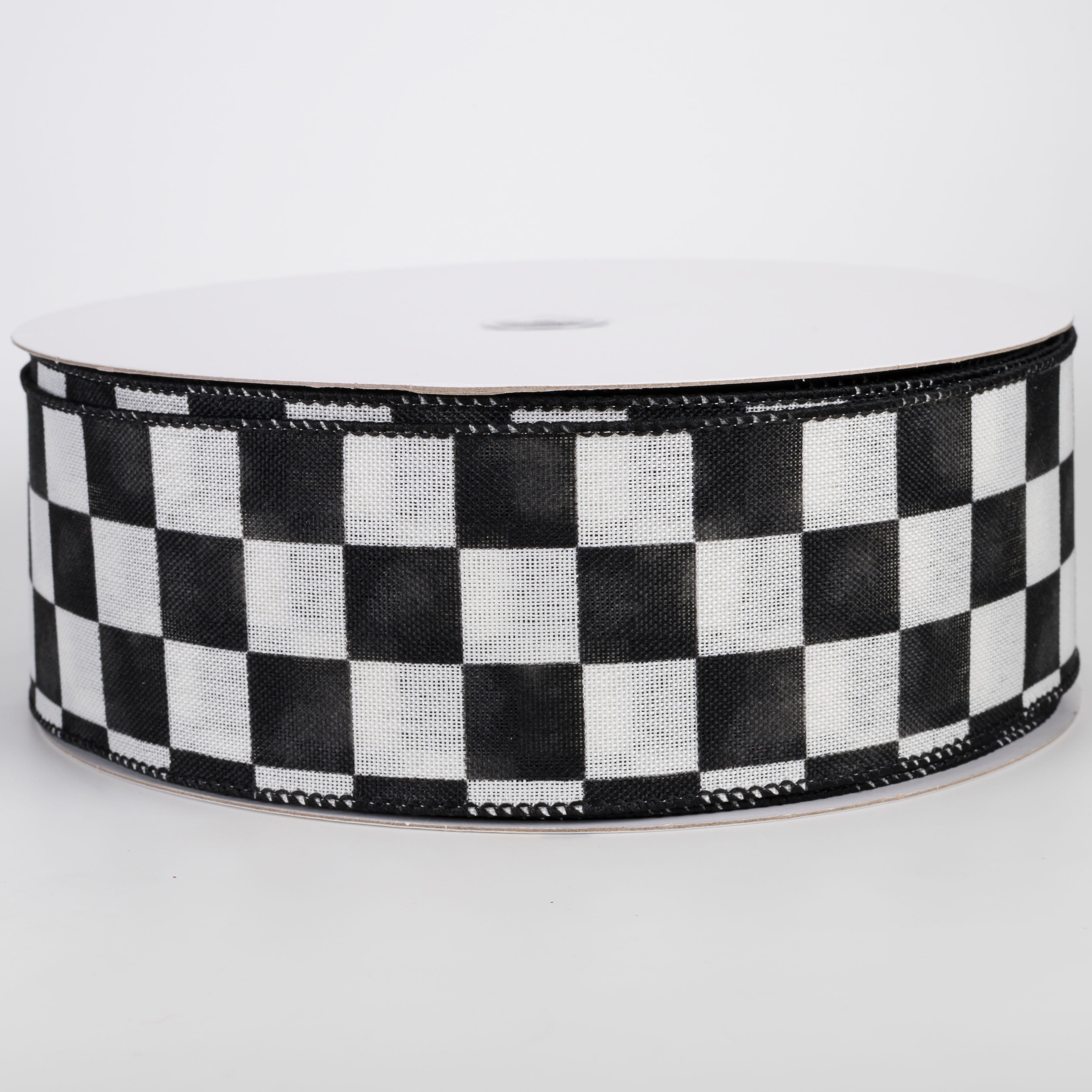 2.5" Linen Watercolor Racing Checks Ribbon: Black & White (50 Yards) Item Number: 861-40-608