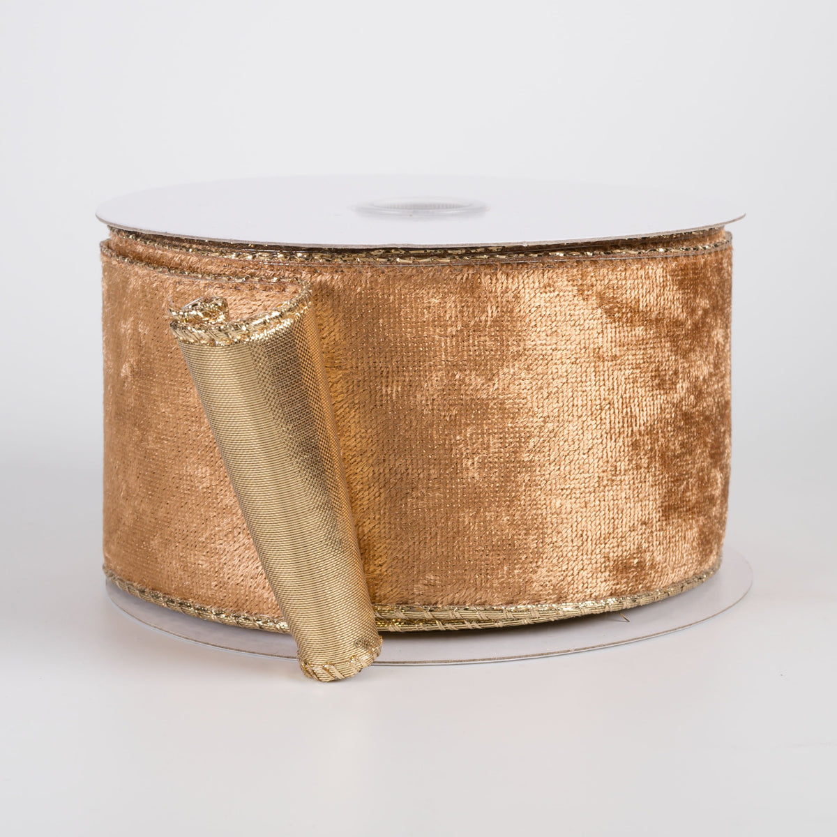 2.5" Lush Velvet Metallic Backed Ribbon: Camel Brown & Gold (10 Yards) Item Number: 73562-40-15
