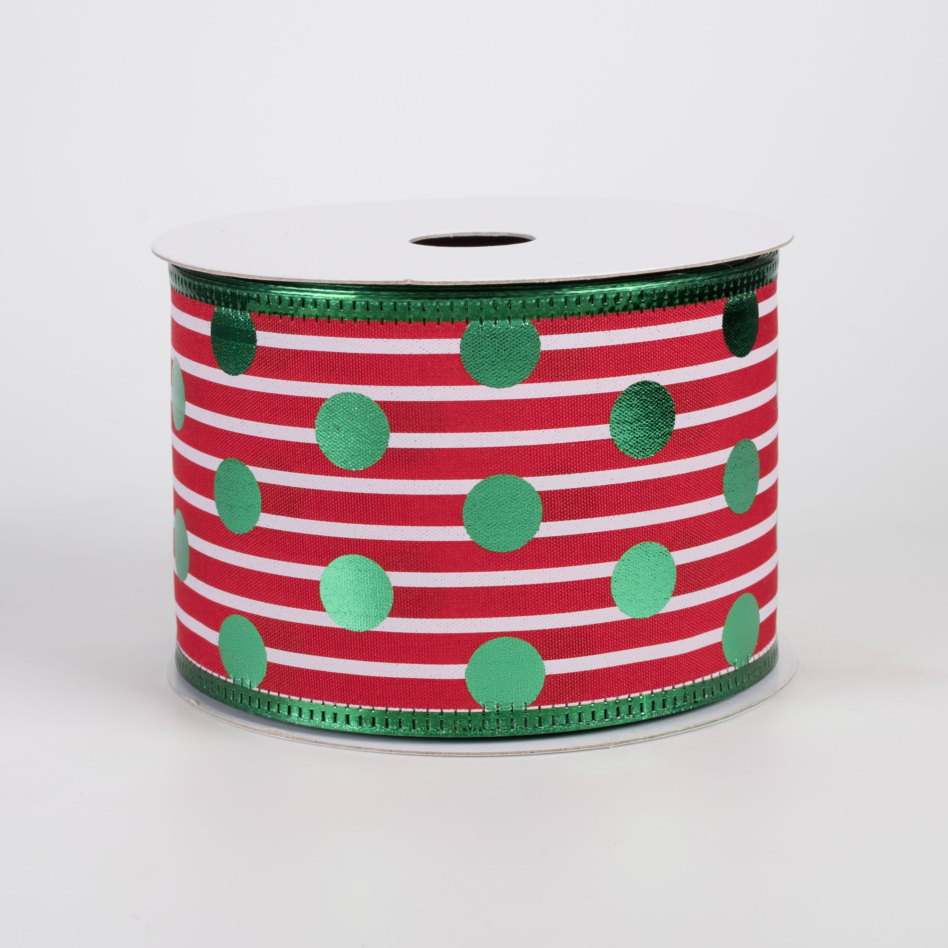 2.5" Metallic Polka Dot & Edge Ribbon: Green on Red & White (10 Yards) Item Number: 76535-40-17