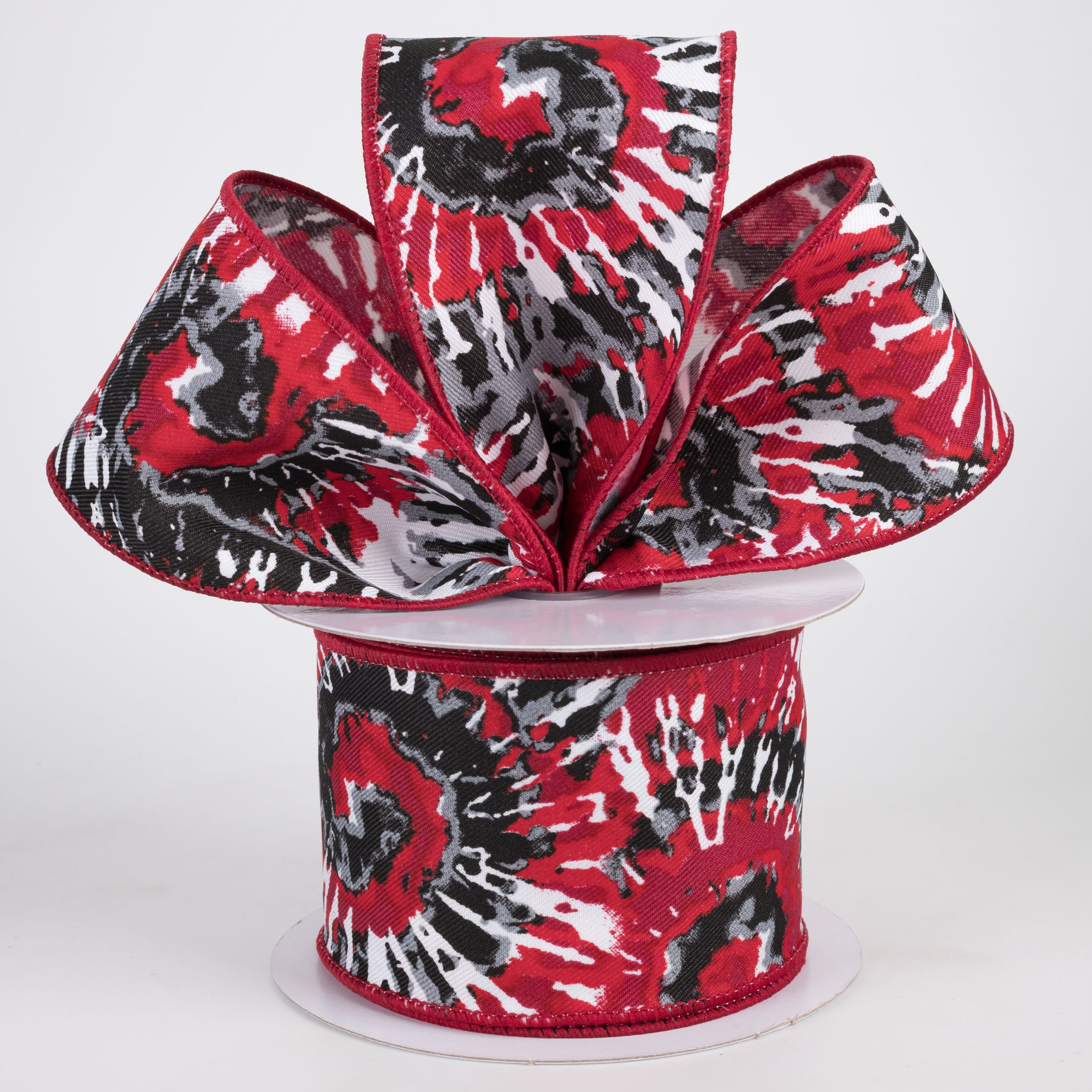 2.5" Multi Color Tie Dye Diagonal Ribbon: White, Red, Black & Gray (10 Yards) Lifestyle Photo