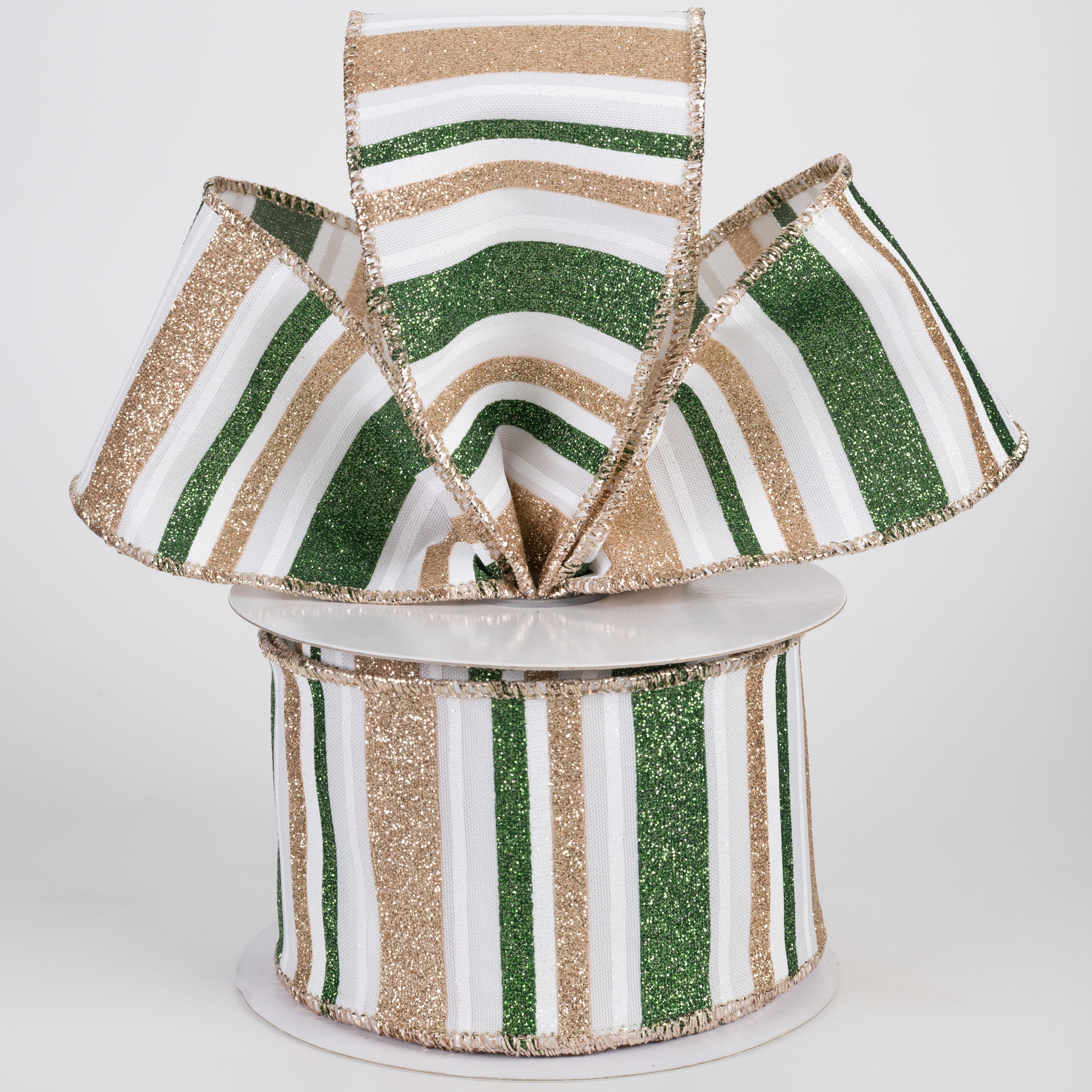 2.5" Multi Glitter Stripes Ribbon: Sage Green, Champagne Gold & White (10 Yards) Lifestyle Photo