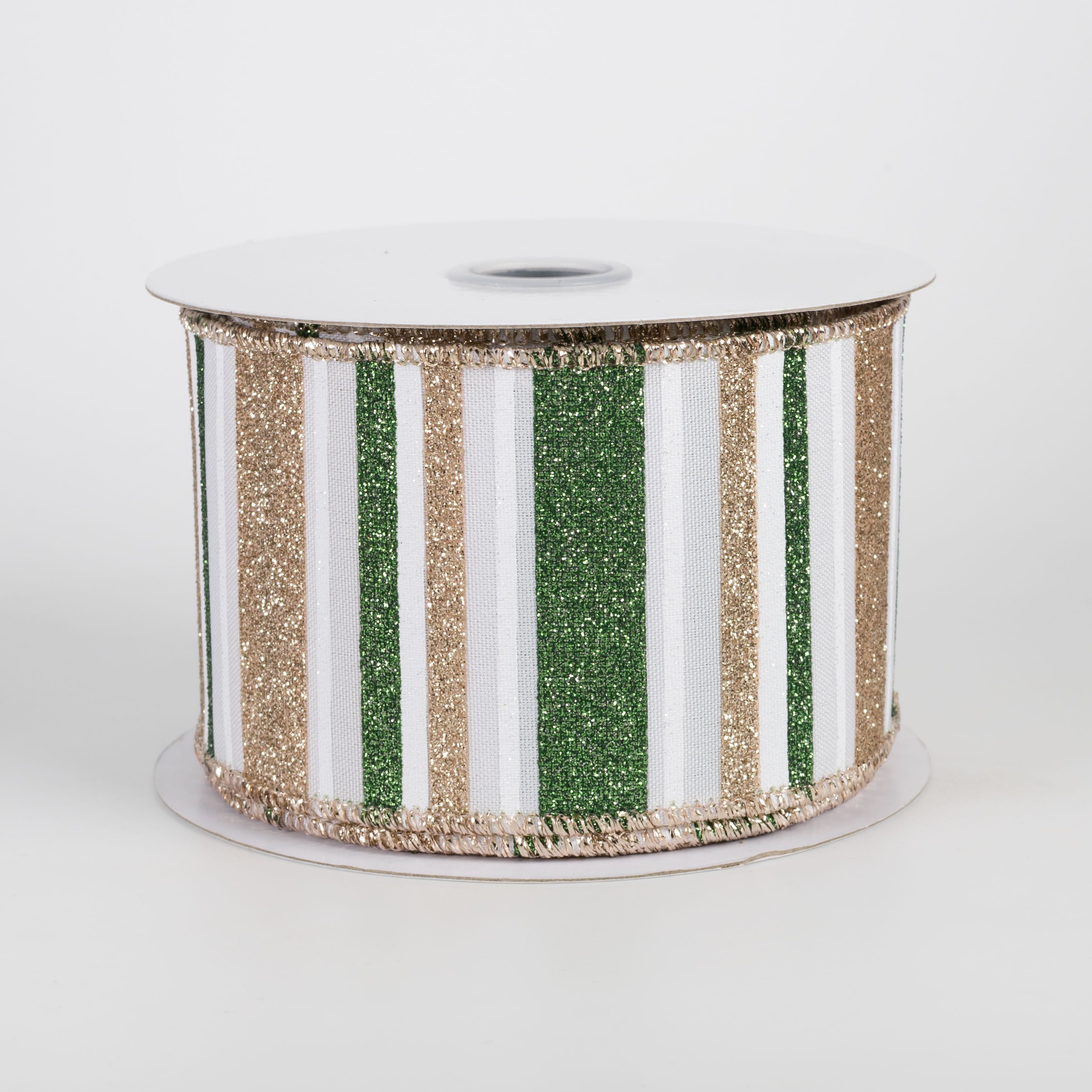 2.5" Multi Glitter Stripes Ribbon: Sage Green, Champagne Gold & White (10 Yards) Item Number: RGF1919KL