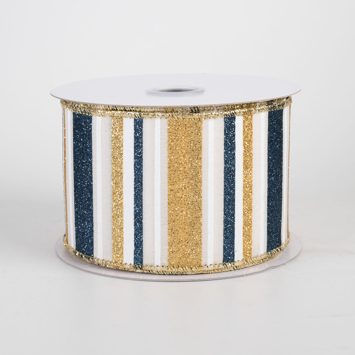 2.5" Multi Glitter Stripes Ribbon: Smoke Blue, Gold, Cream & White (10 Yards) Item Number: RGF1919C2