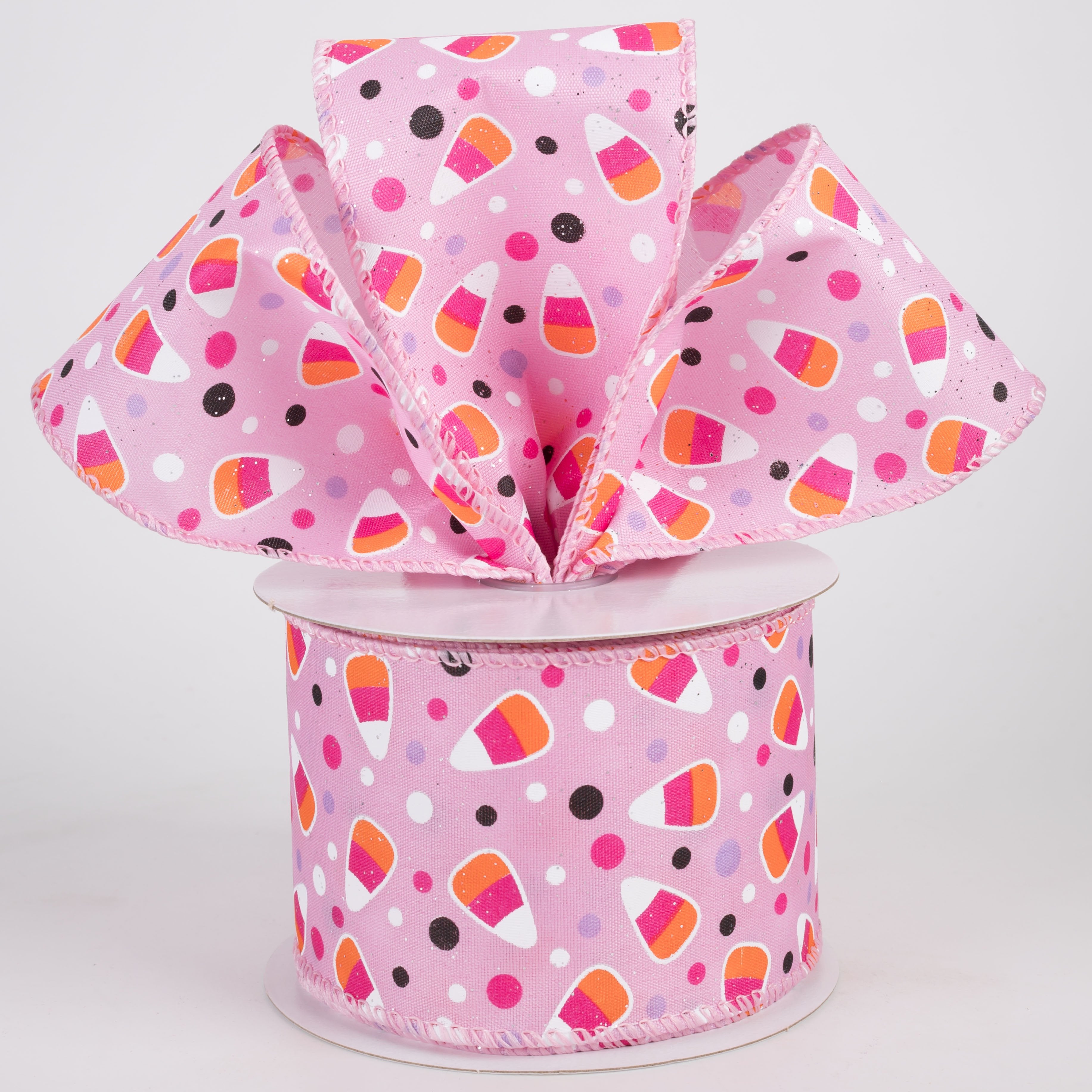 2.5" Pastel Candy Corn Glittered Satin Ribbon: Pink (10 Yards) Lifestyle Photo