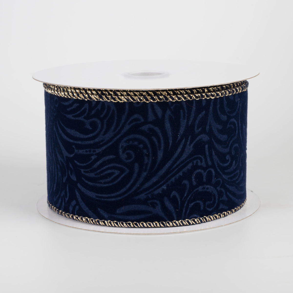 2.5" Pressed Swirls Gold Edge Velvet Ribbon: Navy Blue (10 Yards) Item Number: 71689-40-33