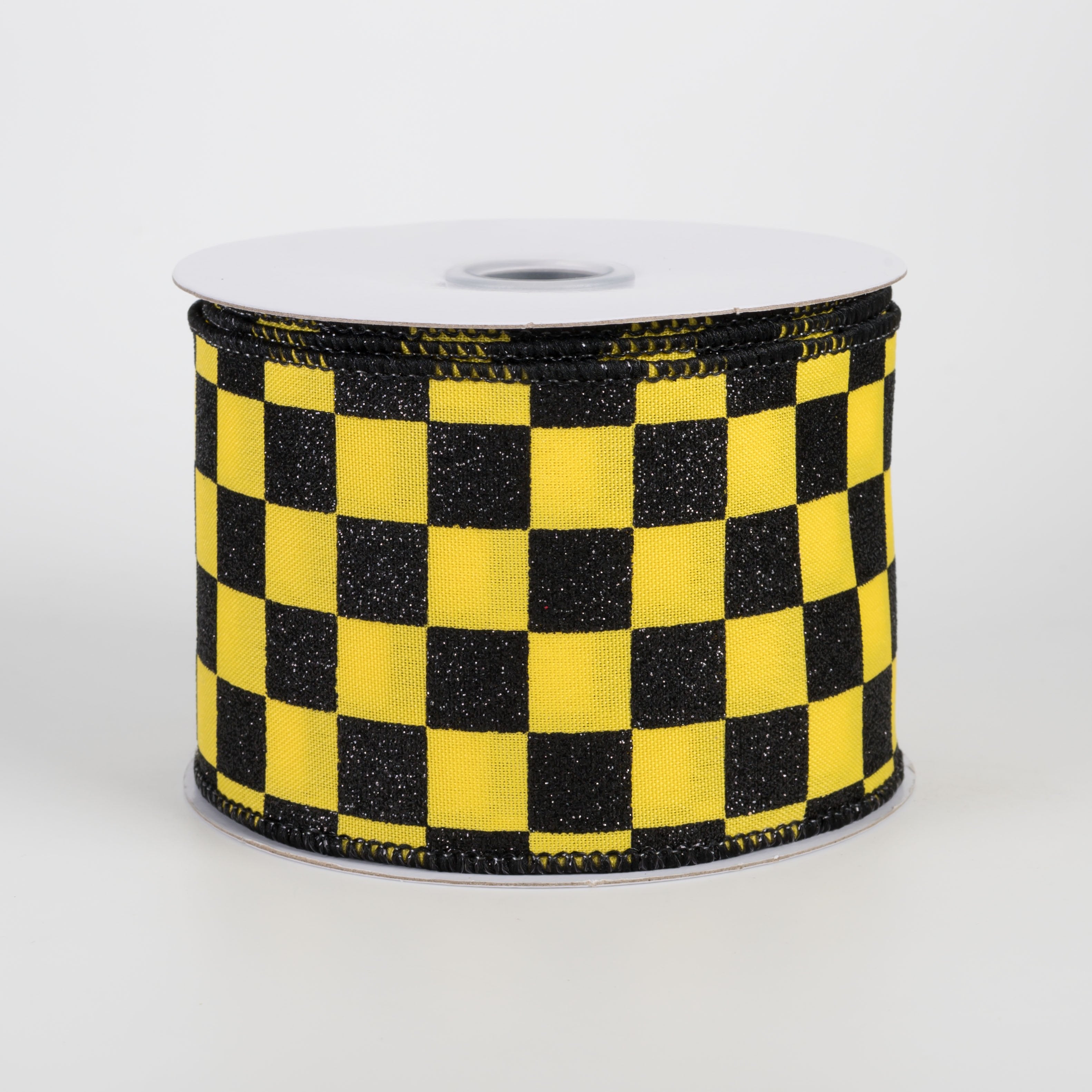2.5" Printed Glitter Race Check Ribbon: Black on Yellow (10 Yards) Item Number: RGH106029
