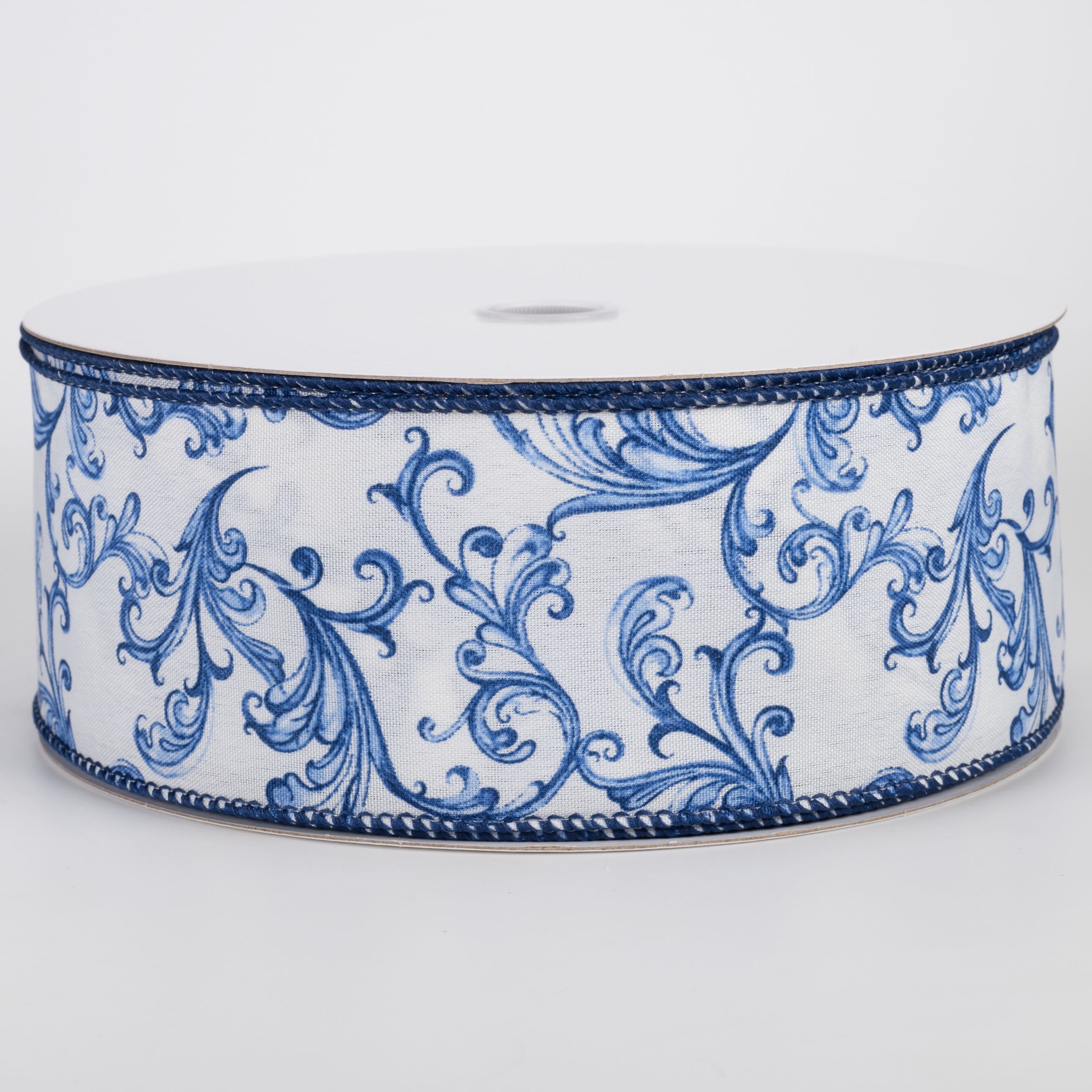 2.5" Satin Chinoiserie Swirls Ribbon: Blue on White (50 Yards) Item Number: 841-40-637