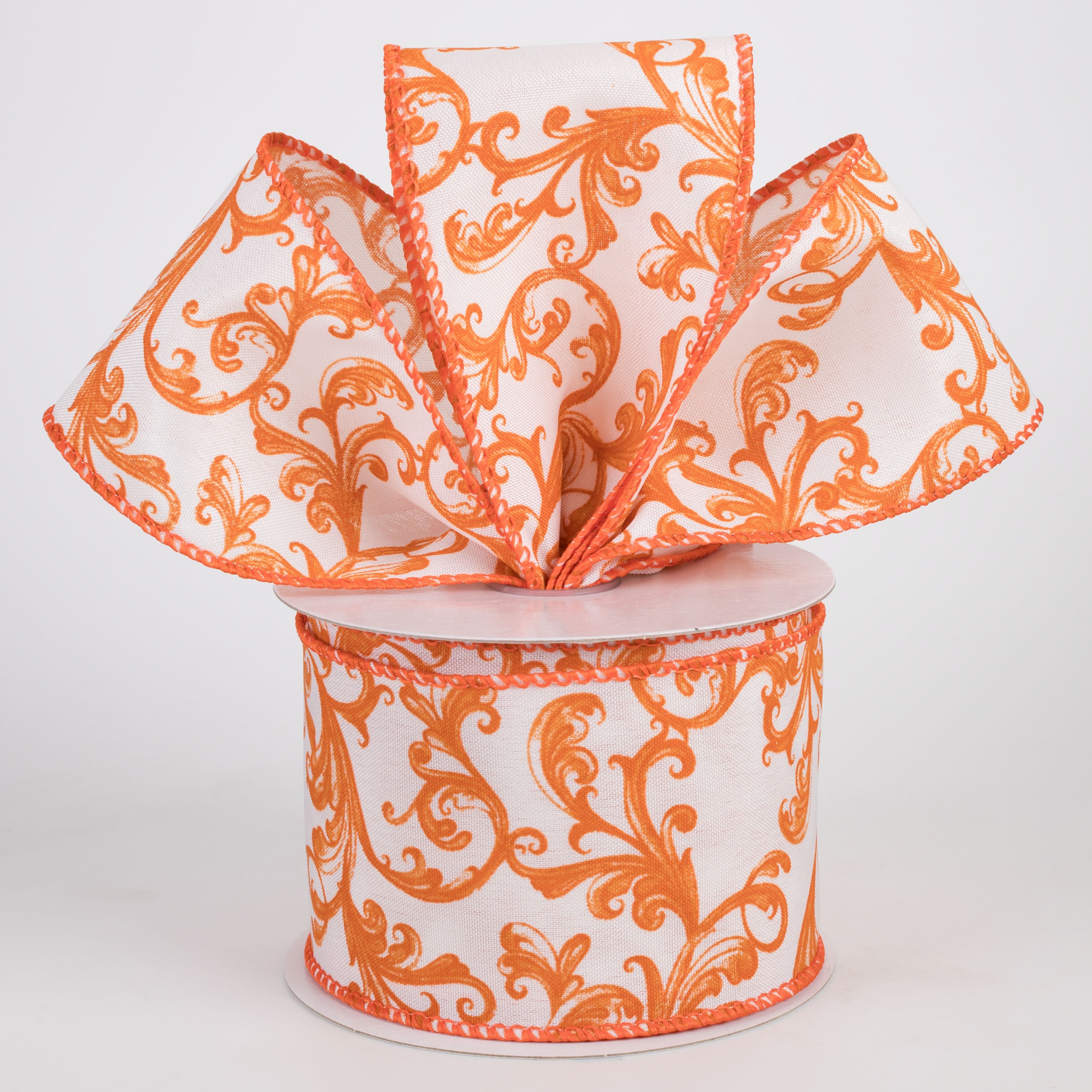 2.5" Satin Chinoiserie Swirls Ribbon: Rust Orange on White (10 Yards) Lifestyle Photo