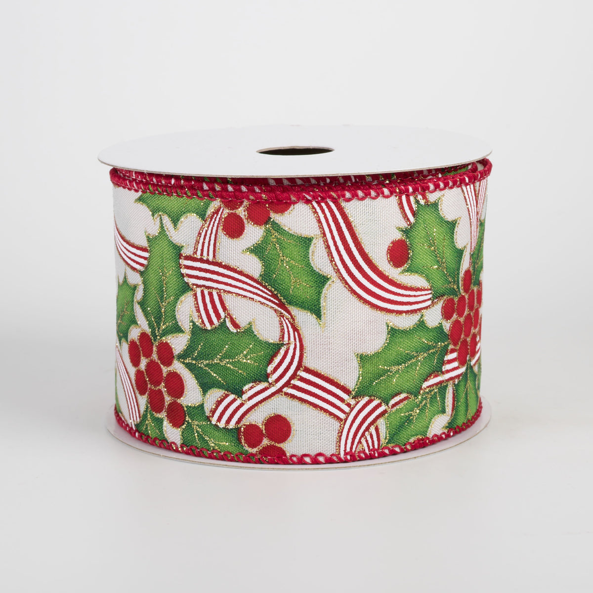 2.5" Satin Holly & Ribbon Ribbon: Ivory (10 Yards) Item Number: 71659-40-18