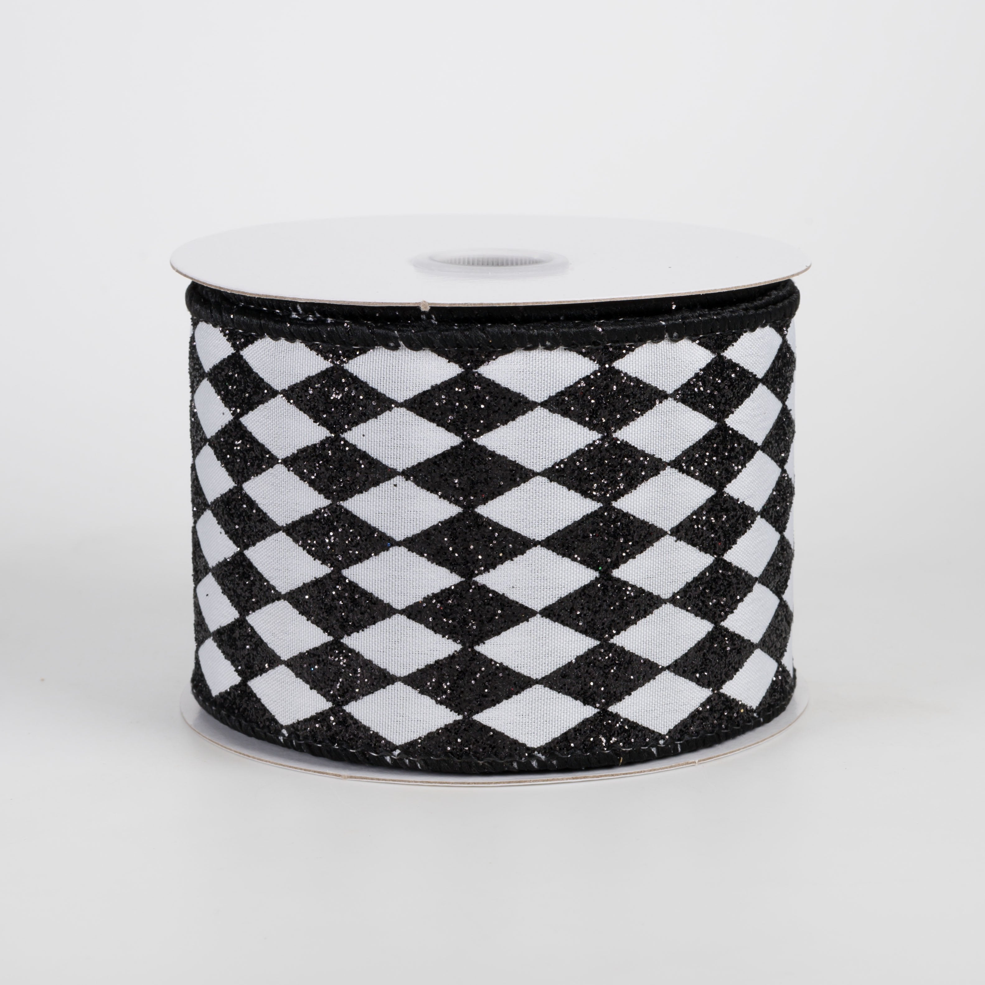 2.5" Tiny Glitter Harlequin on Satin Ribbon: Black on White (10 Yards) Item Number: 72601-40-01