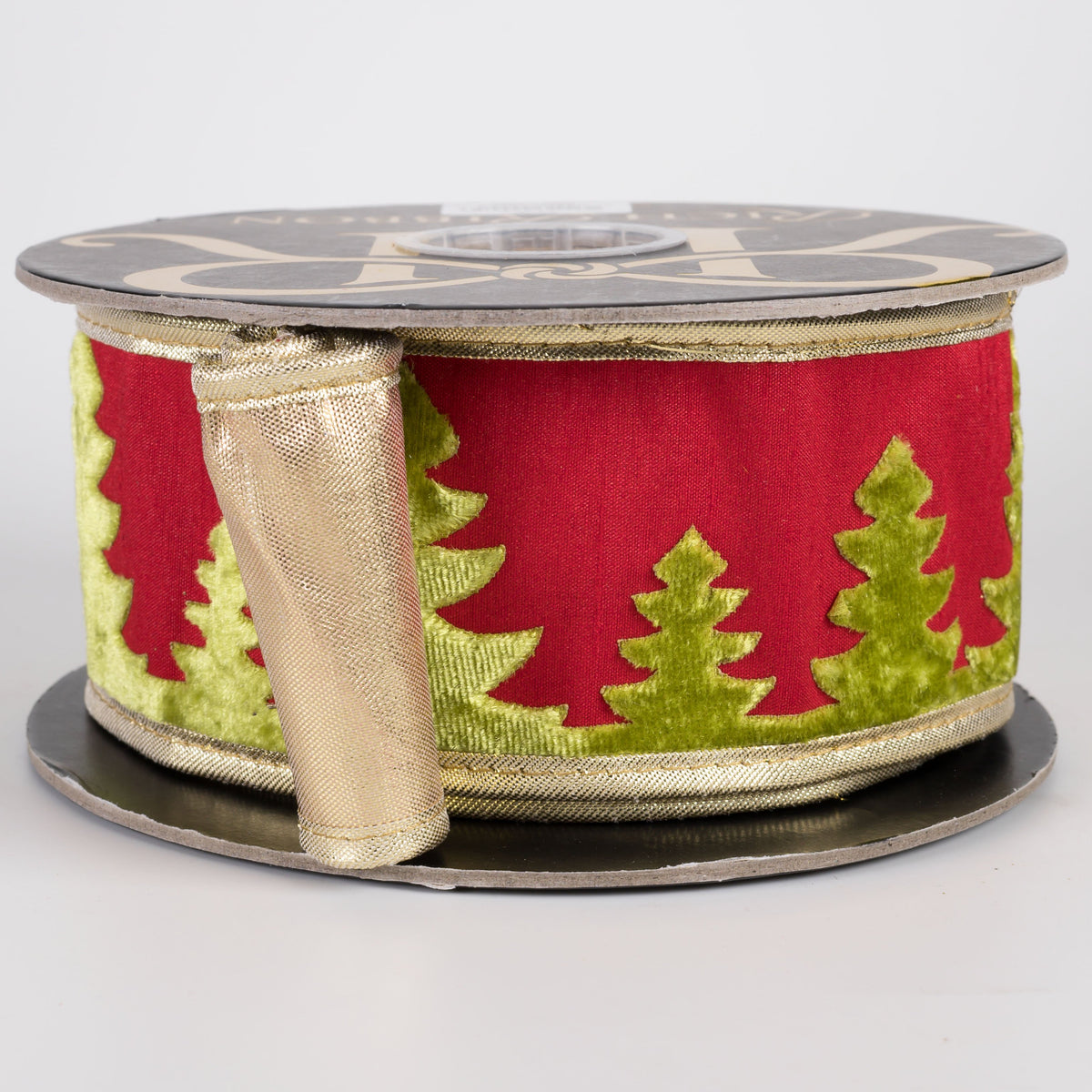2.5" Velvet Christmas Tree on Dupioni & Metallic Dupioni Fused Ribbon with Piping: Red, Green & Gold (5 Yards) Item Number: RR0005