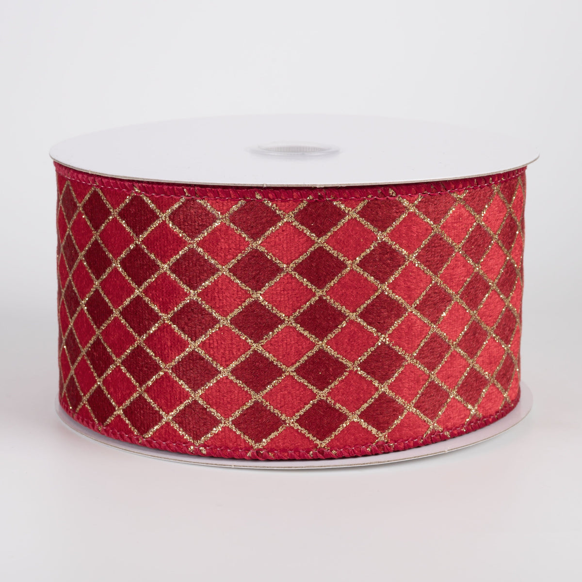 2.5" Velvet Diamond Harlequin Ribbon: Red, Dark Red & Gold (10 Yards) Item Number: 71664-40-12