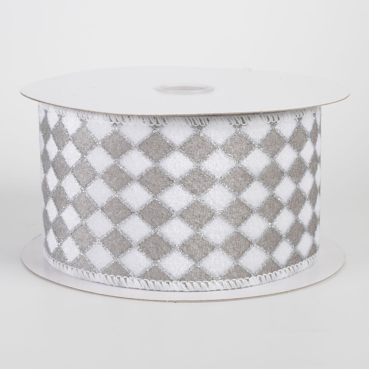 2.5" Velvet Diamond Harlequin Ribbon: White, Grey & Silver (10 Yards) Item Number: 71664-40-51