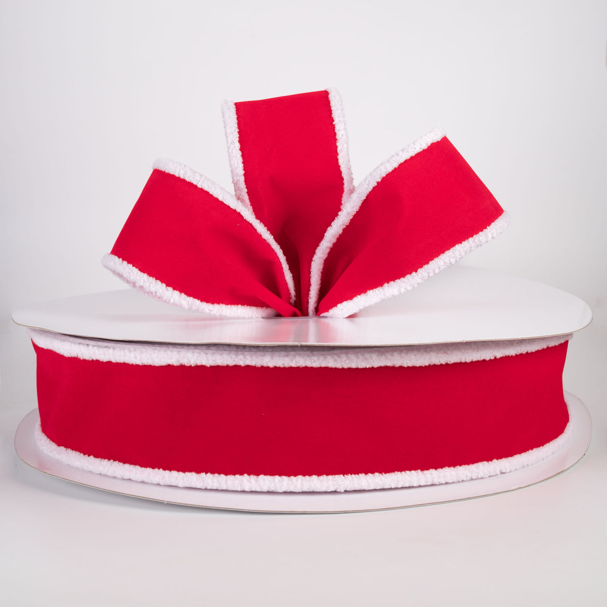2.5" Velvet Super Fuzz Edge Ribbon: Red & White (50 Yards) Lifestyle Photo