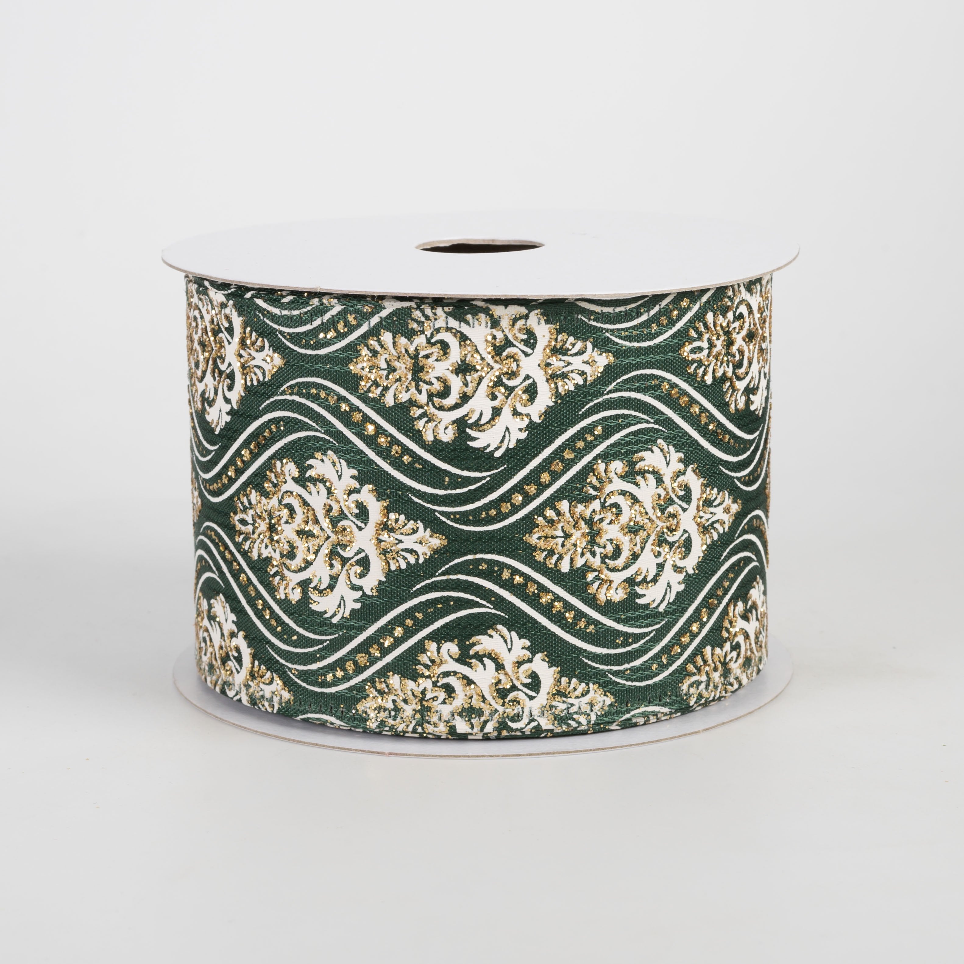 2.5" Wavy Damask Satin Ribbon: White & Gold on Dark Green (10 Yards) Item Number: 76635-40-07