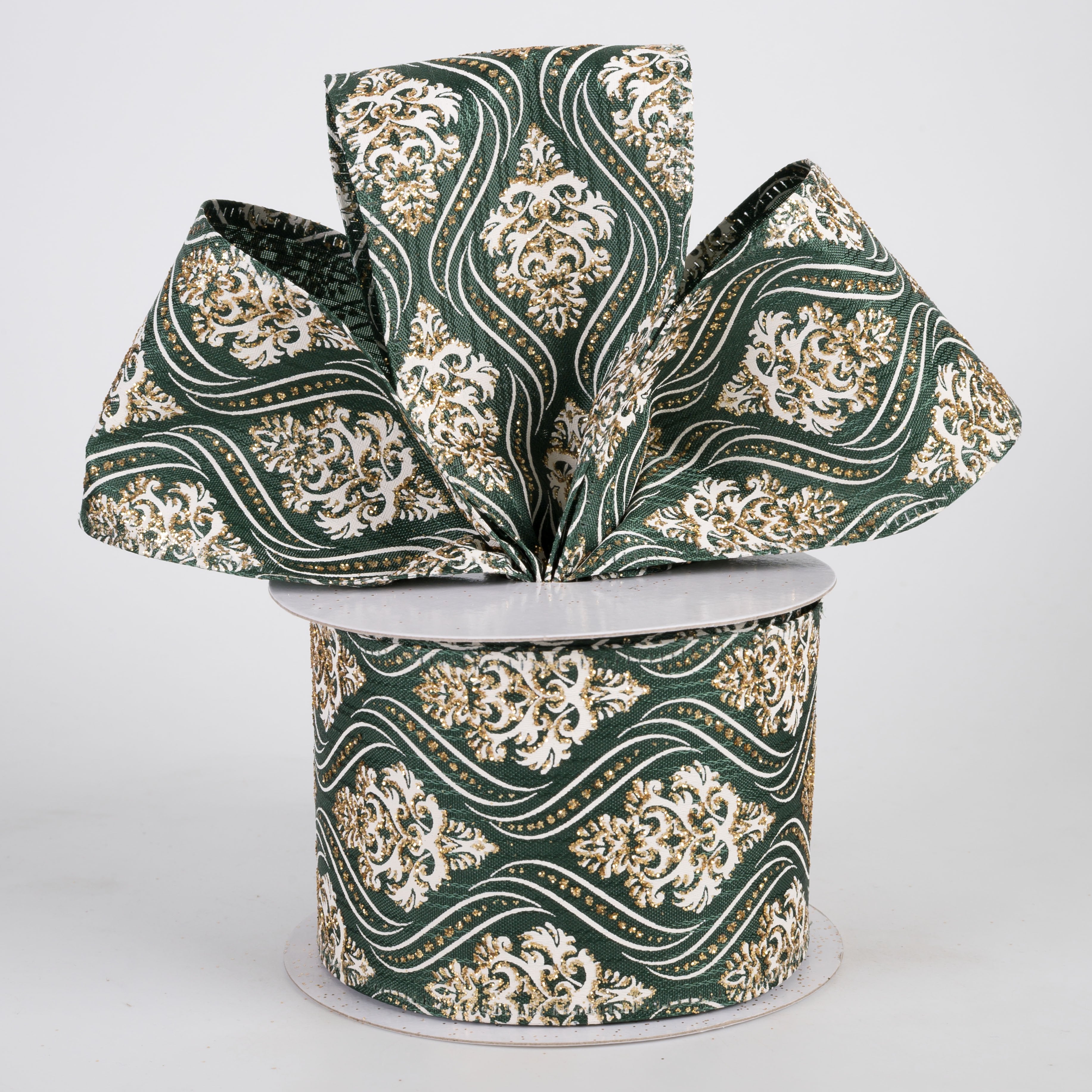 2.5" Wavy Damask Satin Ribbon: White & Gold on Dark Green (10 Yards) Lifestyle Photo