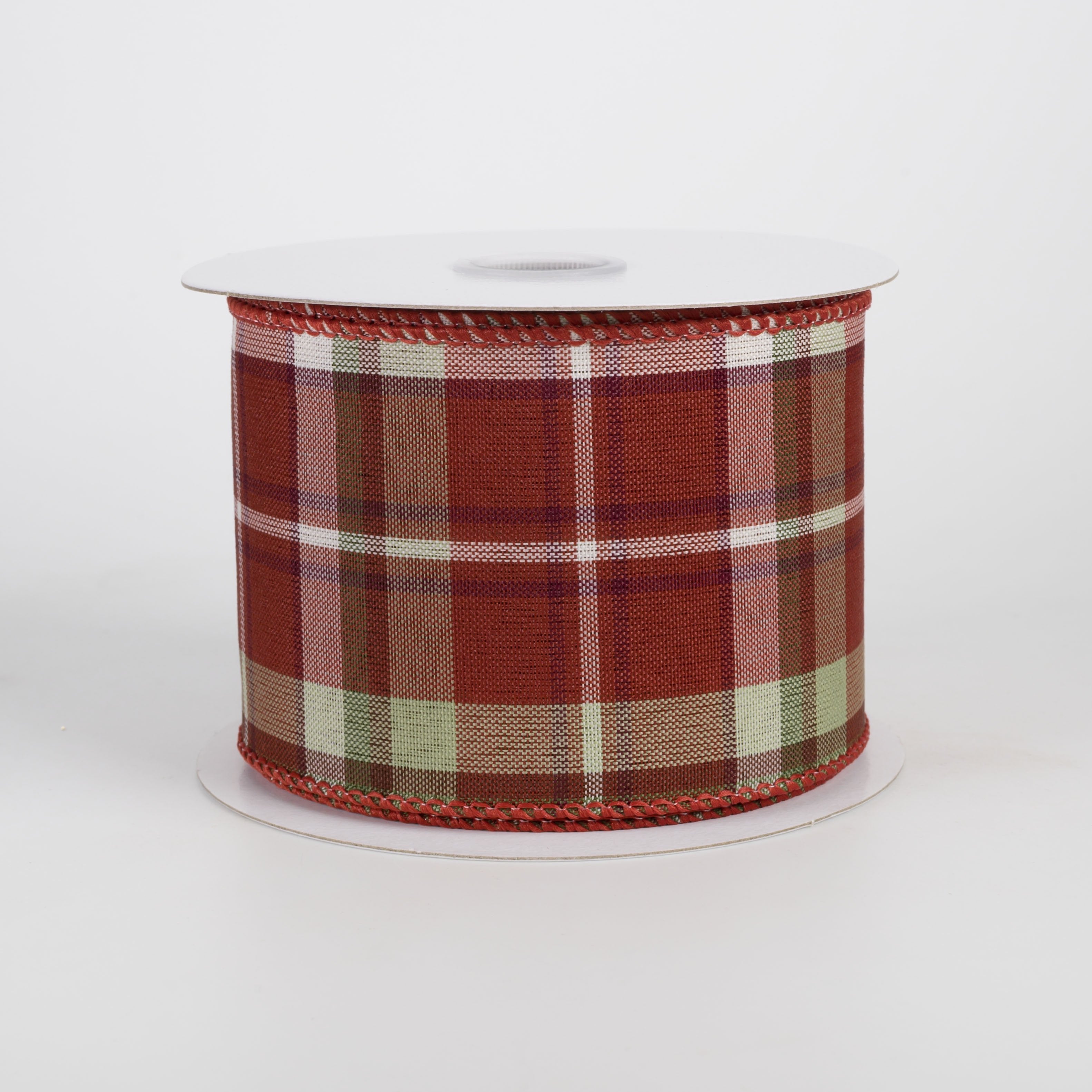 2.5" Woven Fall Plaid Ribbon: Burgundy Rust, Sage & Ivory (10 Yards) Item Number: 61609-40-52