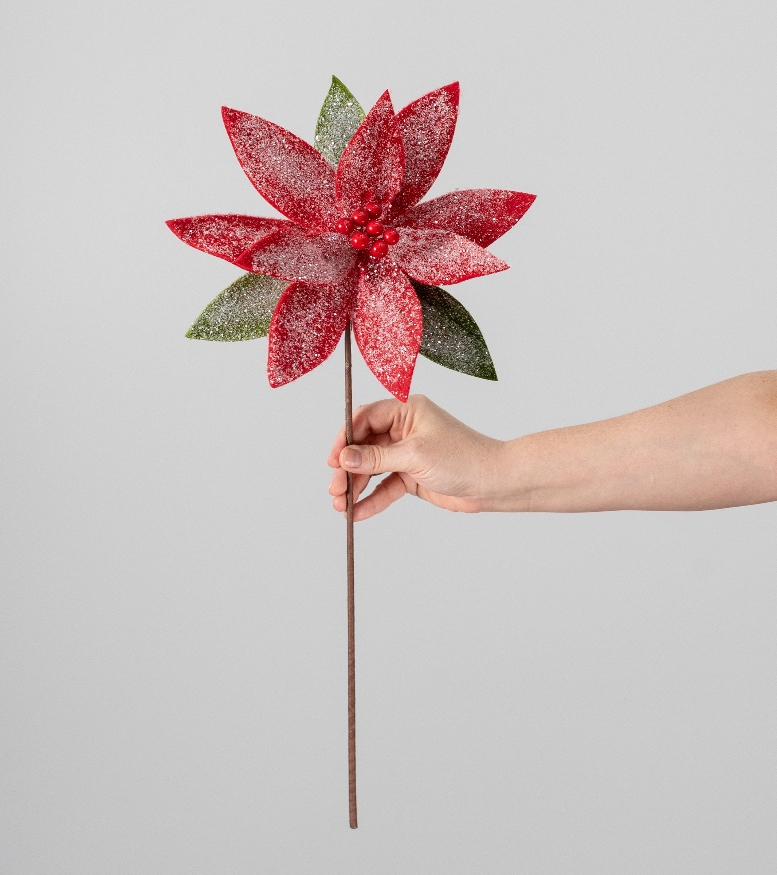 20" Frosted Felt Poinsettia Stem: Red & Green detail photo 3