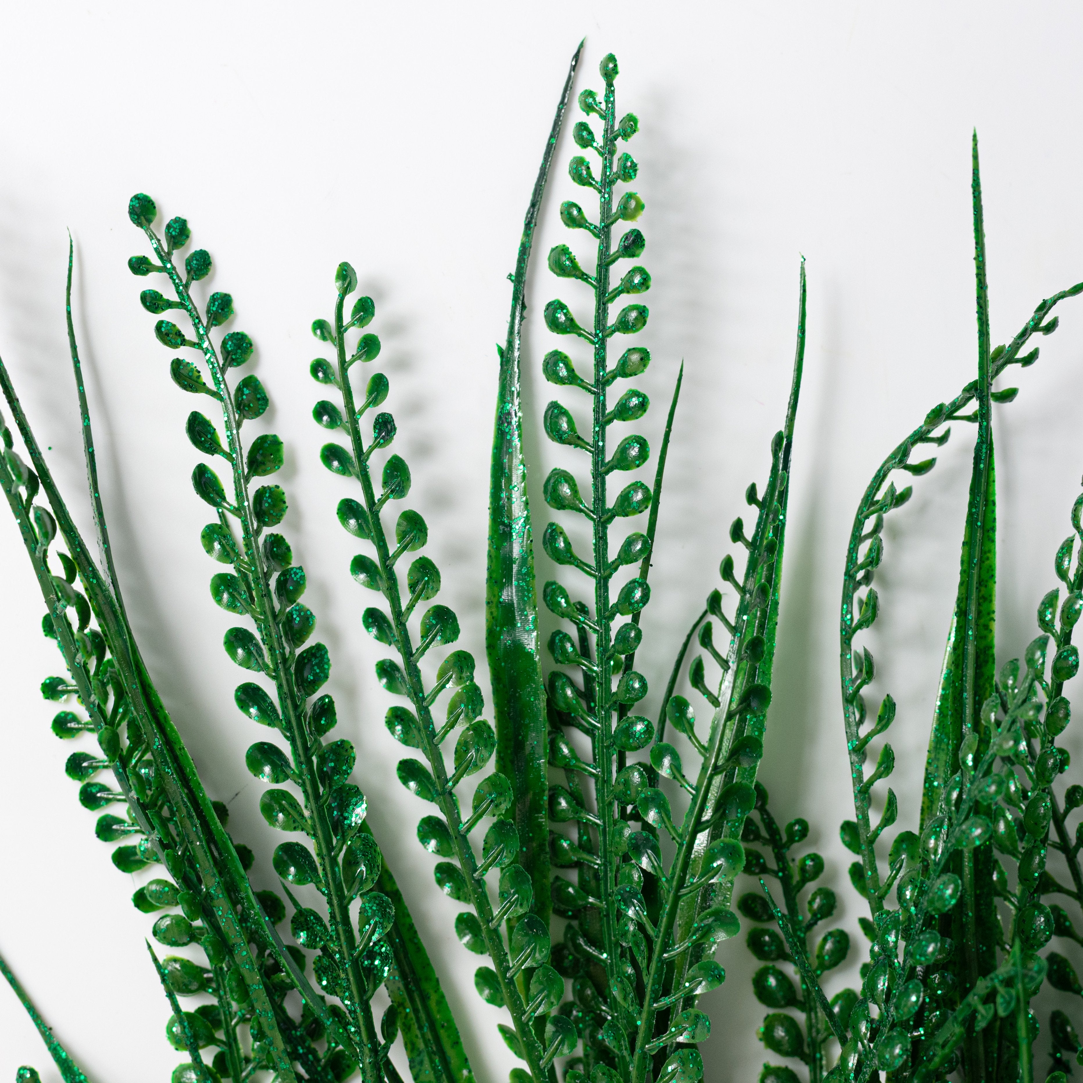 20" Glittered Button Fern Bush: Emerald Green Lifestyle Photo