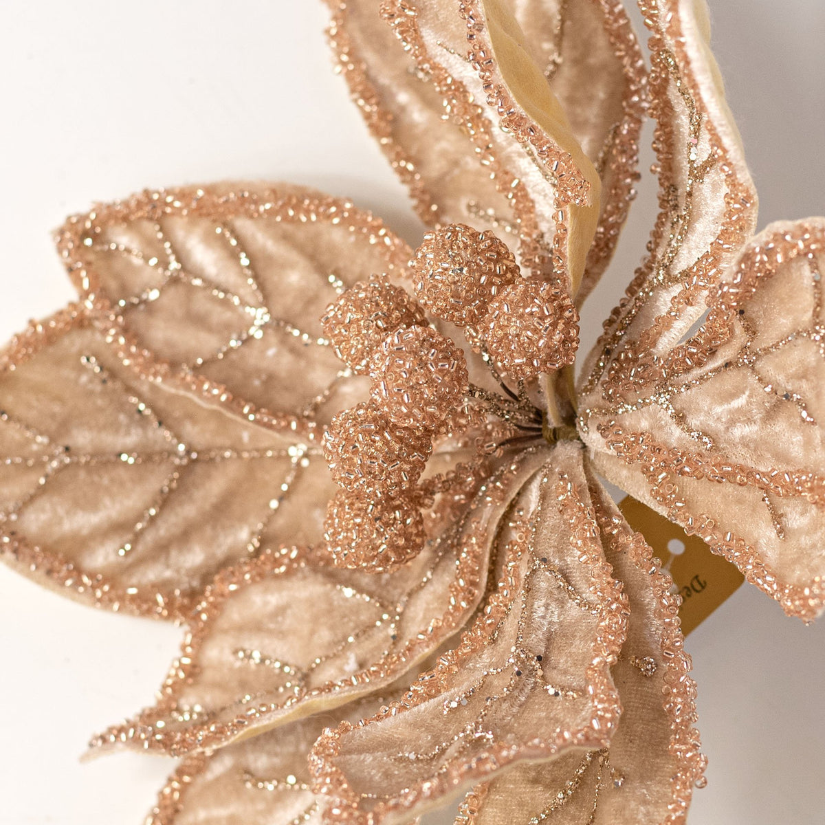 20" Glittered Velvet Poinsettia Stem: Champagne & Tan detail photo 4