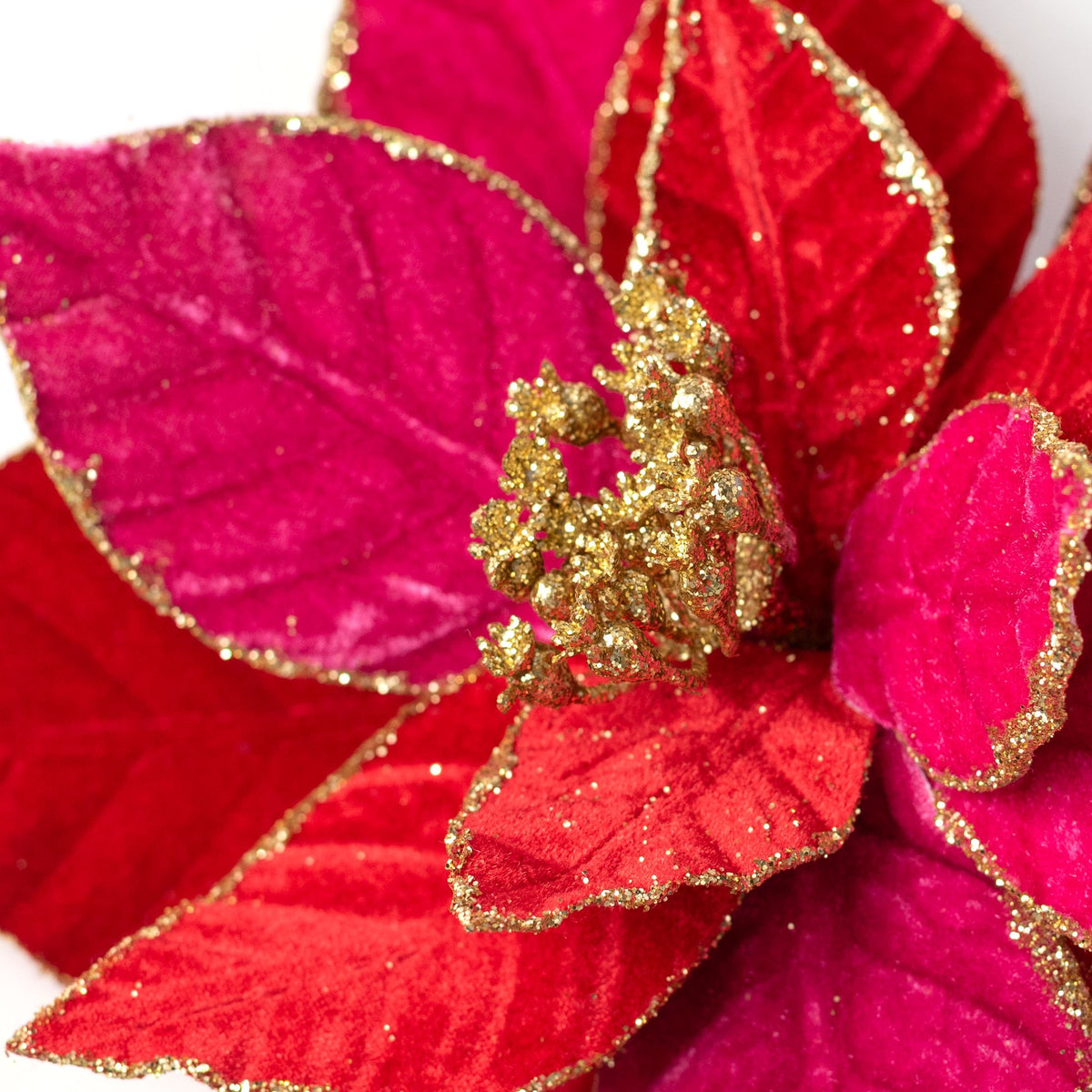 20" Glittered Velvet Poinsettia Stem: Red & Pink detail photo 4