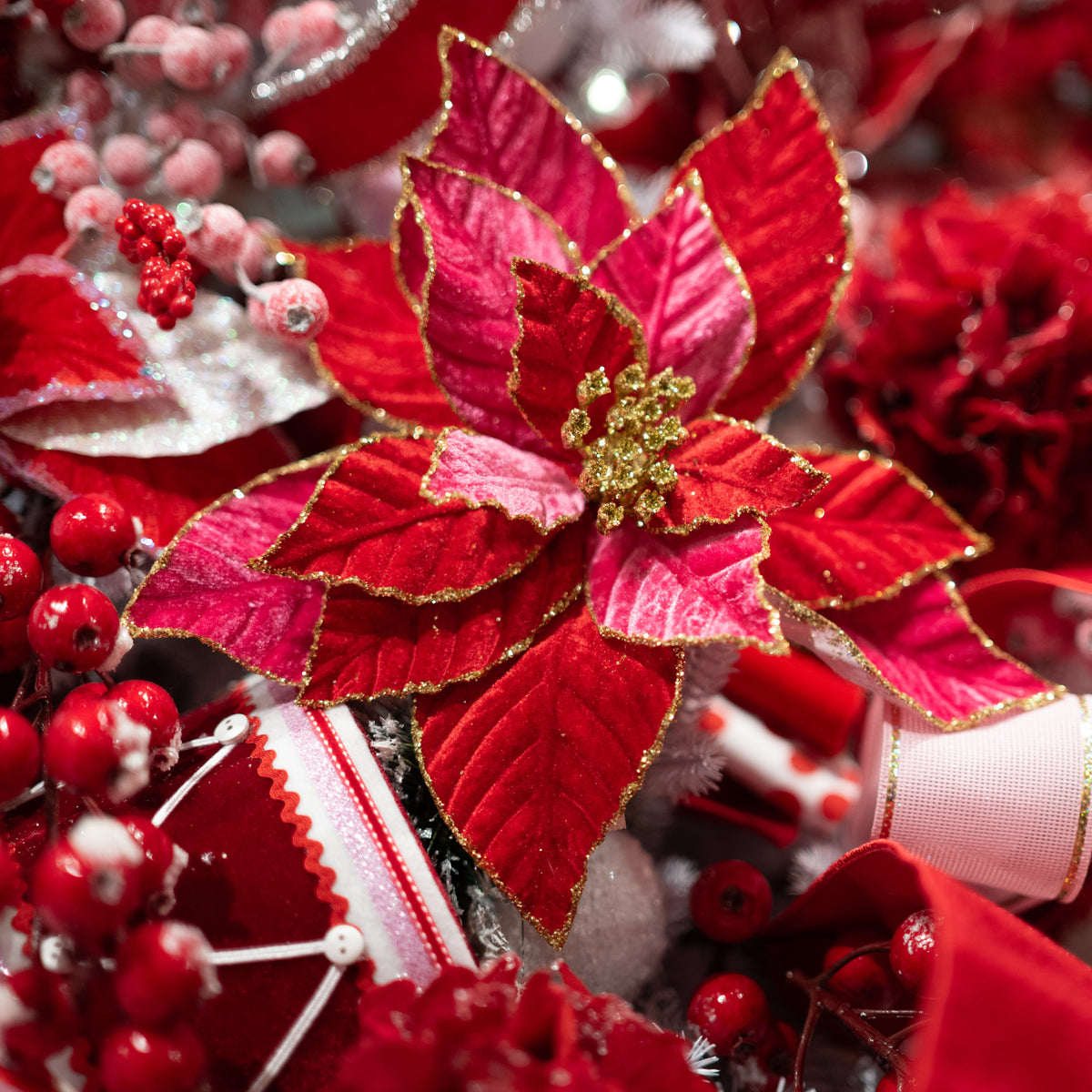 20" Glittered Velvet Poinsettia Stem: Red & Pink detail photo 5
