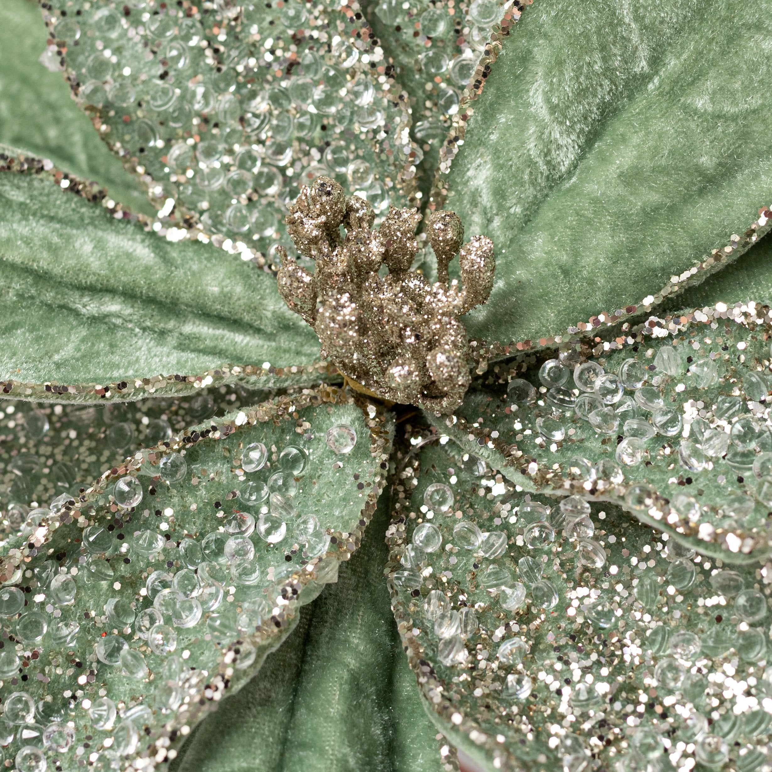 20" Iced Velvet Poinsettia Stem: Sage Green Lifestyle Photo