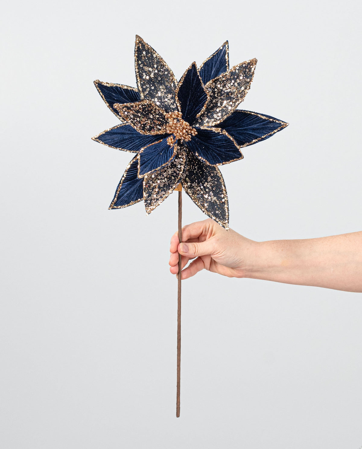 20" Sequined Vevlet Poinsettia Stem: Navy Blue detail photo 3