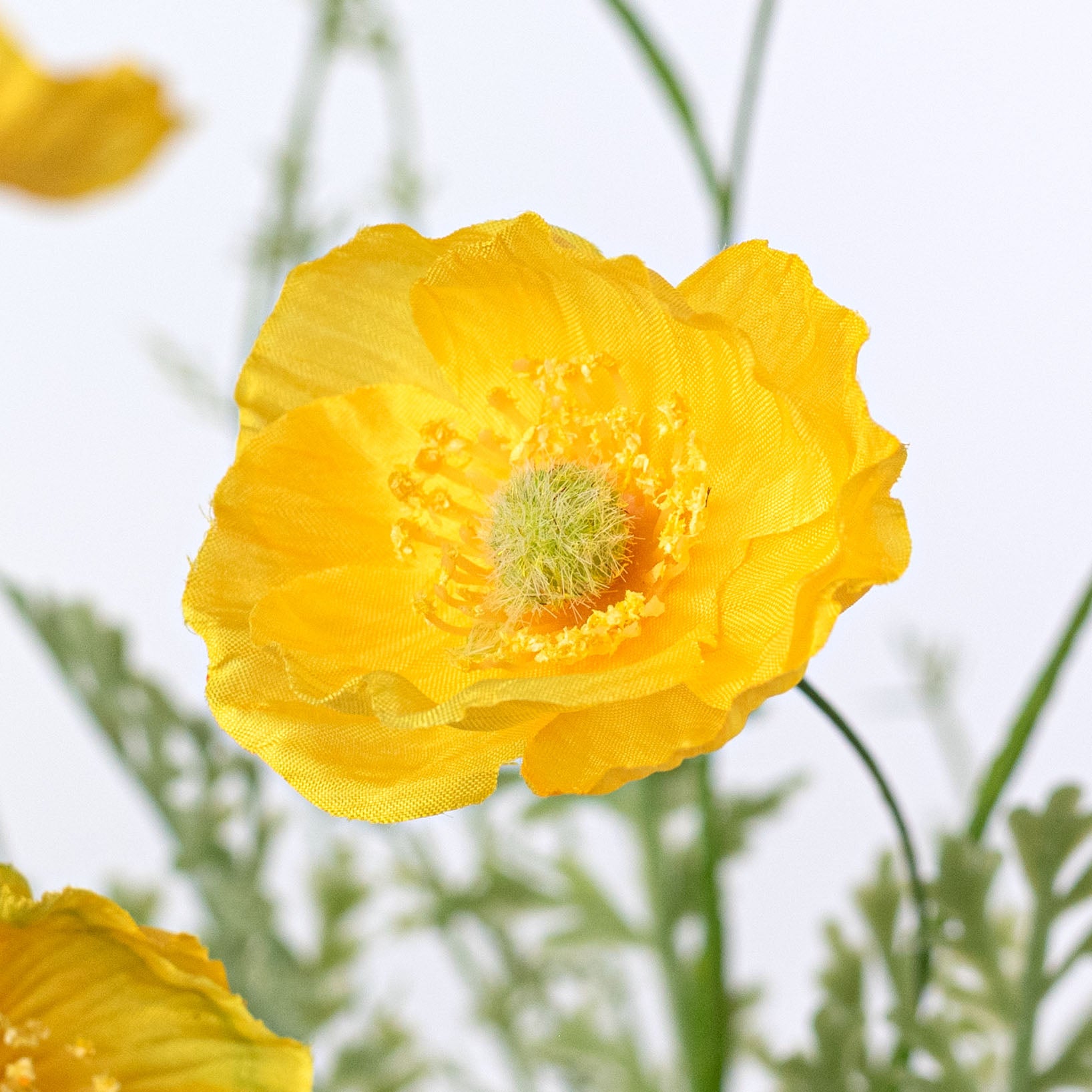 21â Artificial Poppy Flower Bush: Yellow (10 Stem) detail photo 3