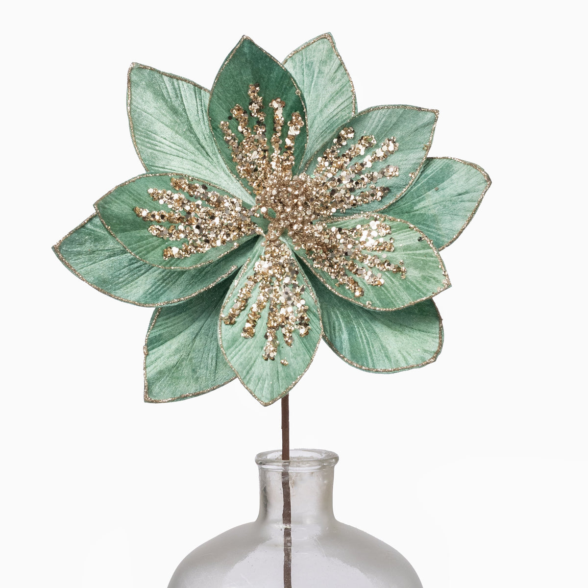22" Glittered & Beaded Poinsettia Stem: Mint & Champagne Item Number: 254191