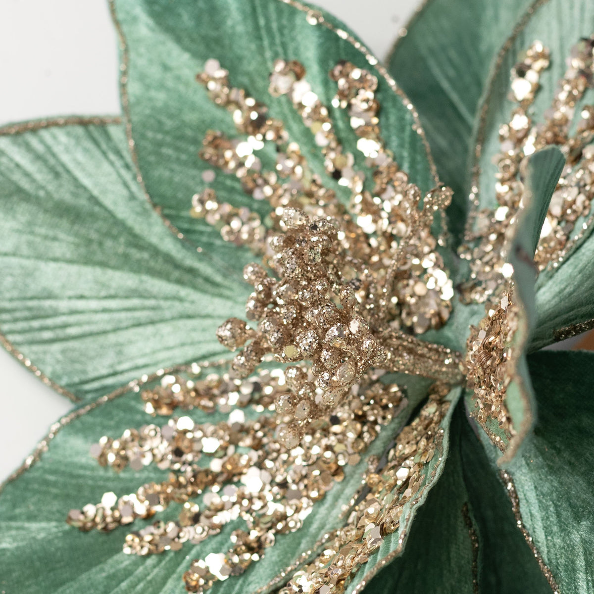22" Glittered & Beaded Poinsettia Stem: Mint & Champagne detail photo 4