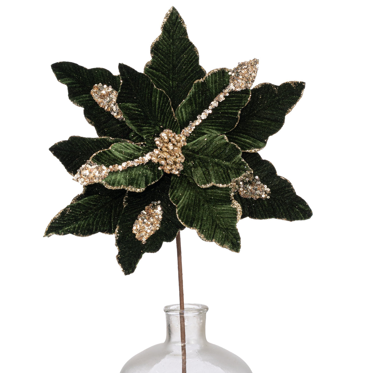 22" Glittered Velvet Poinsettia Stem: Hunter Green Item Number: 131120