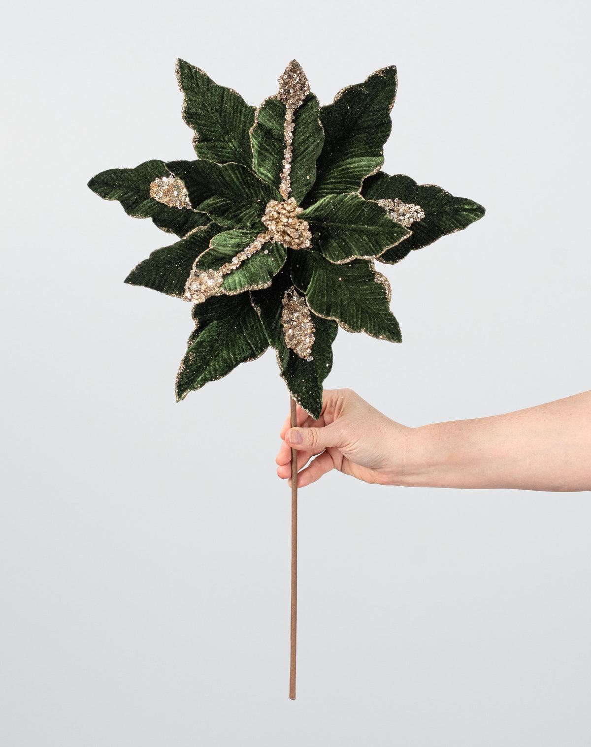 22" Glittered Velvet Poinsettia Stem: Hunter Green detail photo 3