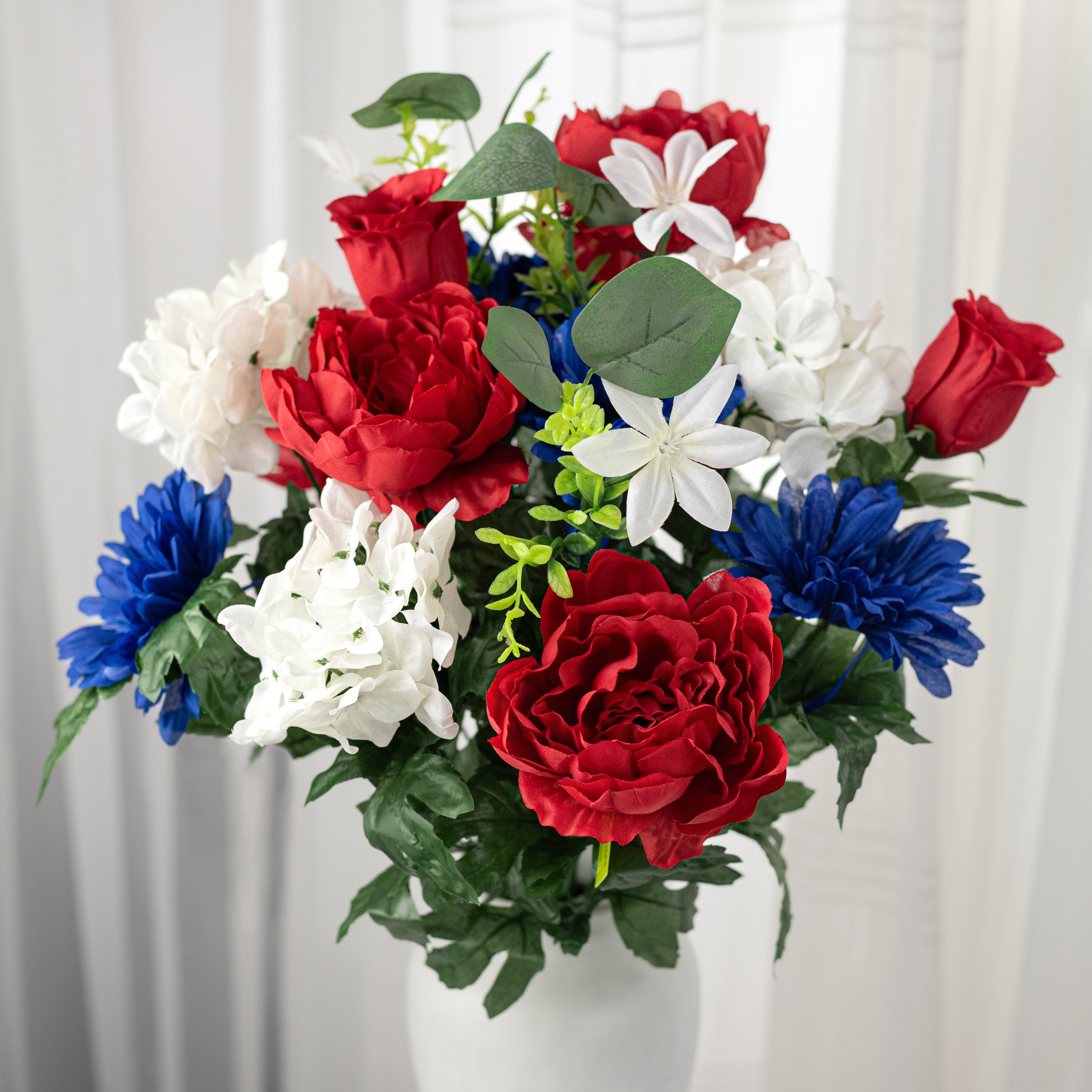 22" Peony Hydrangea Rose Bud Bush: Red, White & Blue (18 Stem) Item Number: 64015RWB