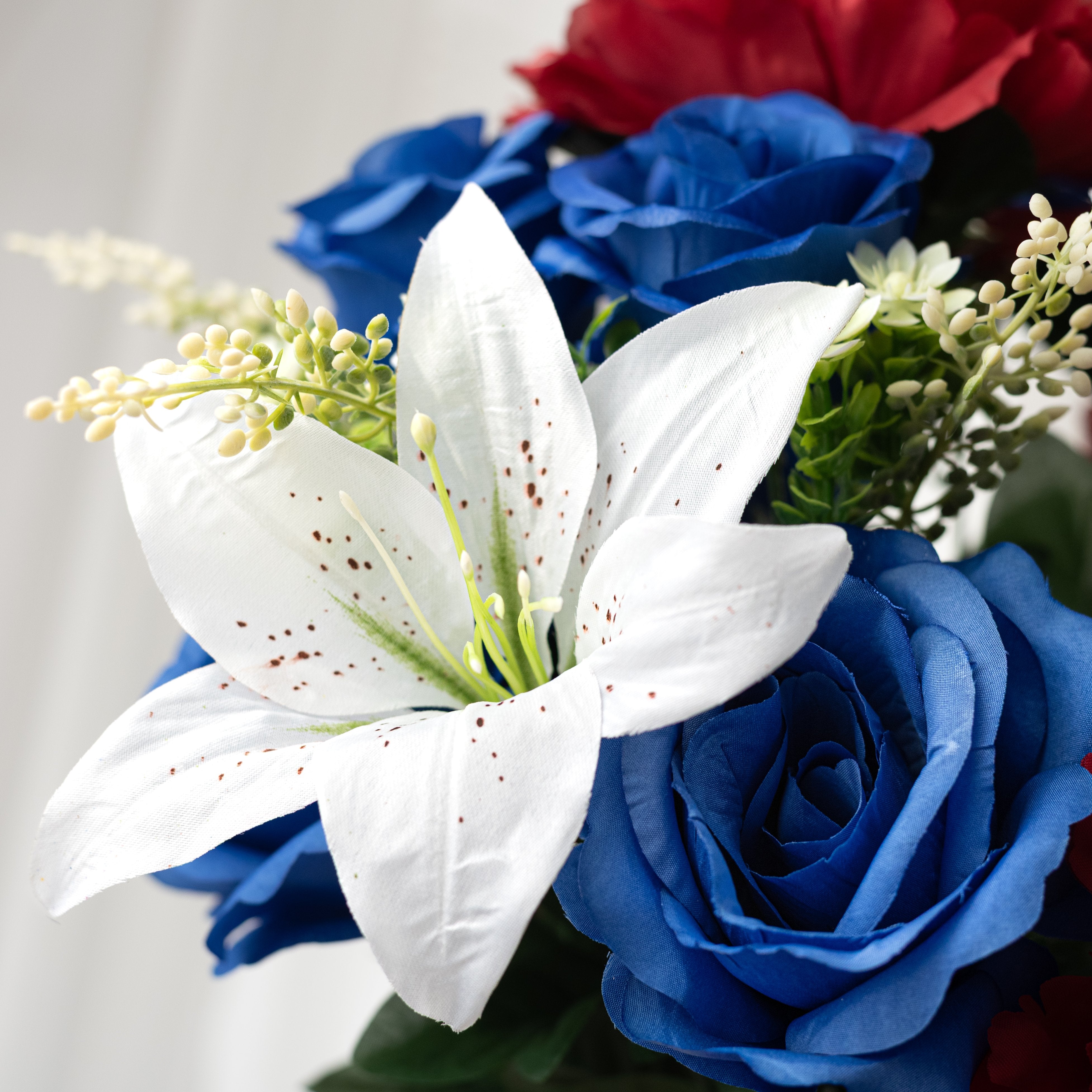 22" Rose Peony Lily Bush: Red, White & Blue (18 Stem) Lifestyle Photo