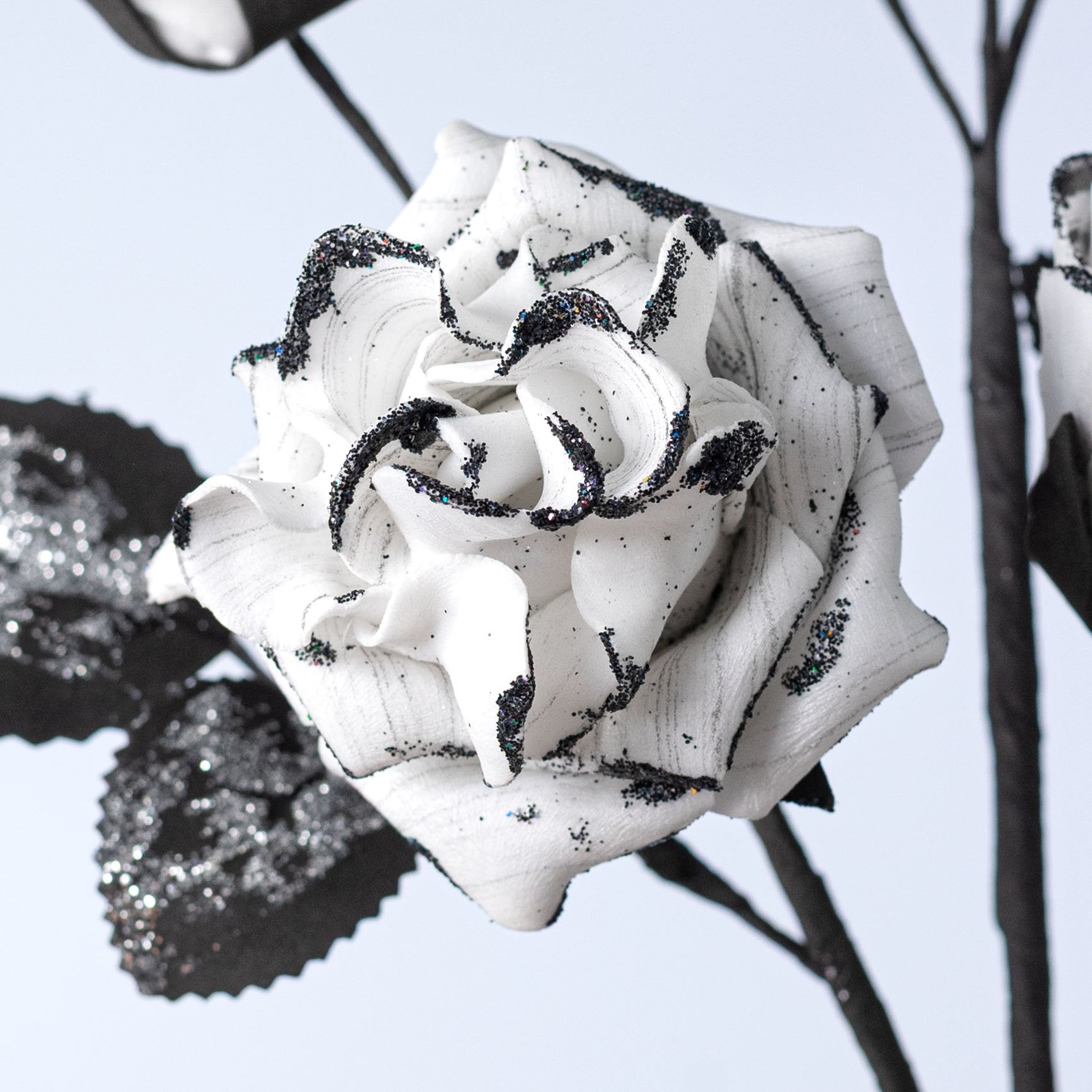 24" Glittered Roses Spray: White & Black Lifestyle Photo