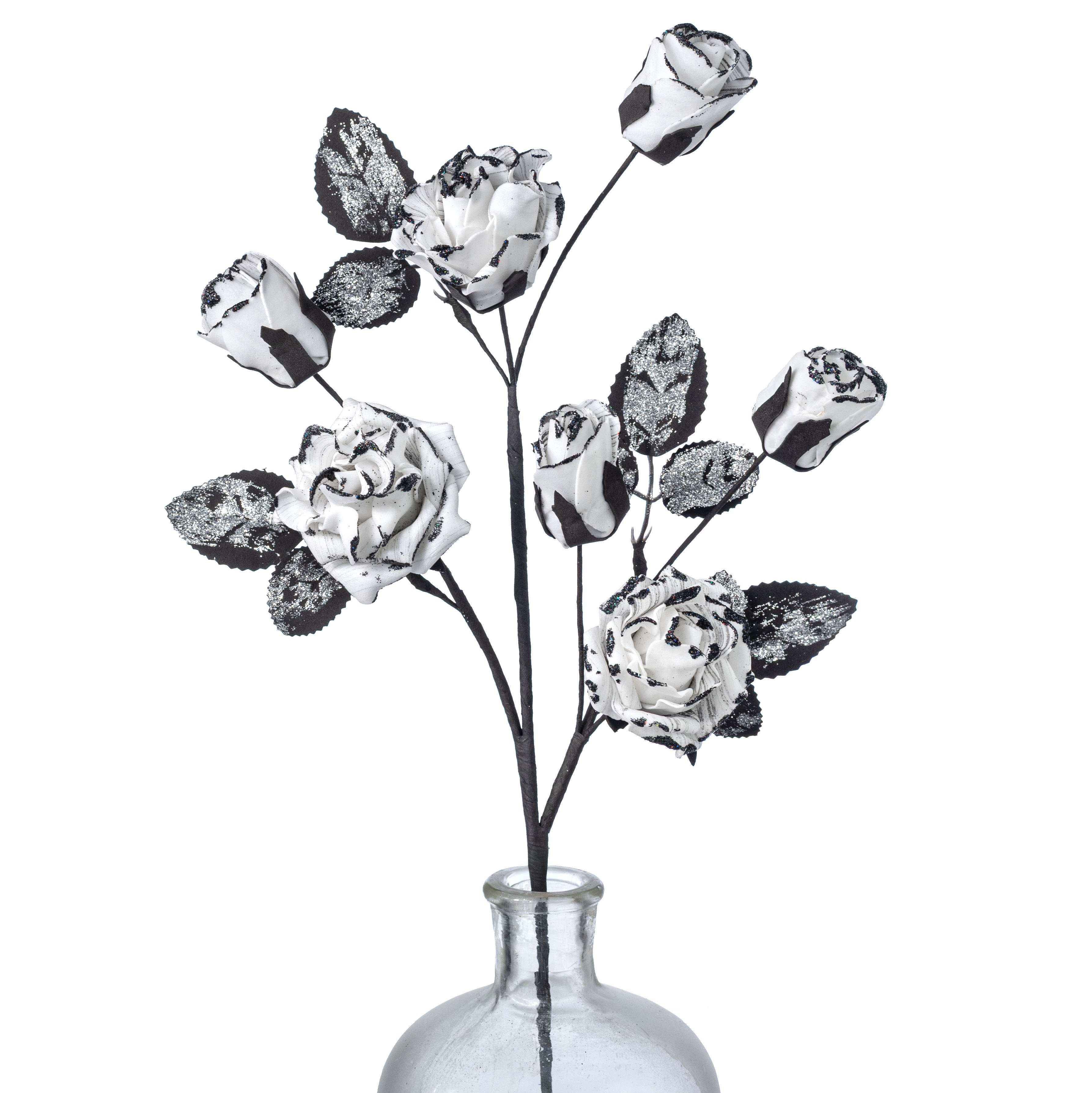 24" Glittered Roses Spray: White & Black Item Number: 57419BKWT
