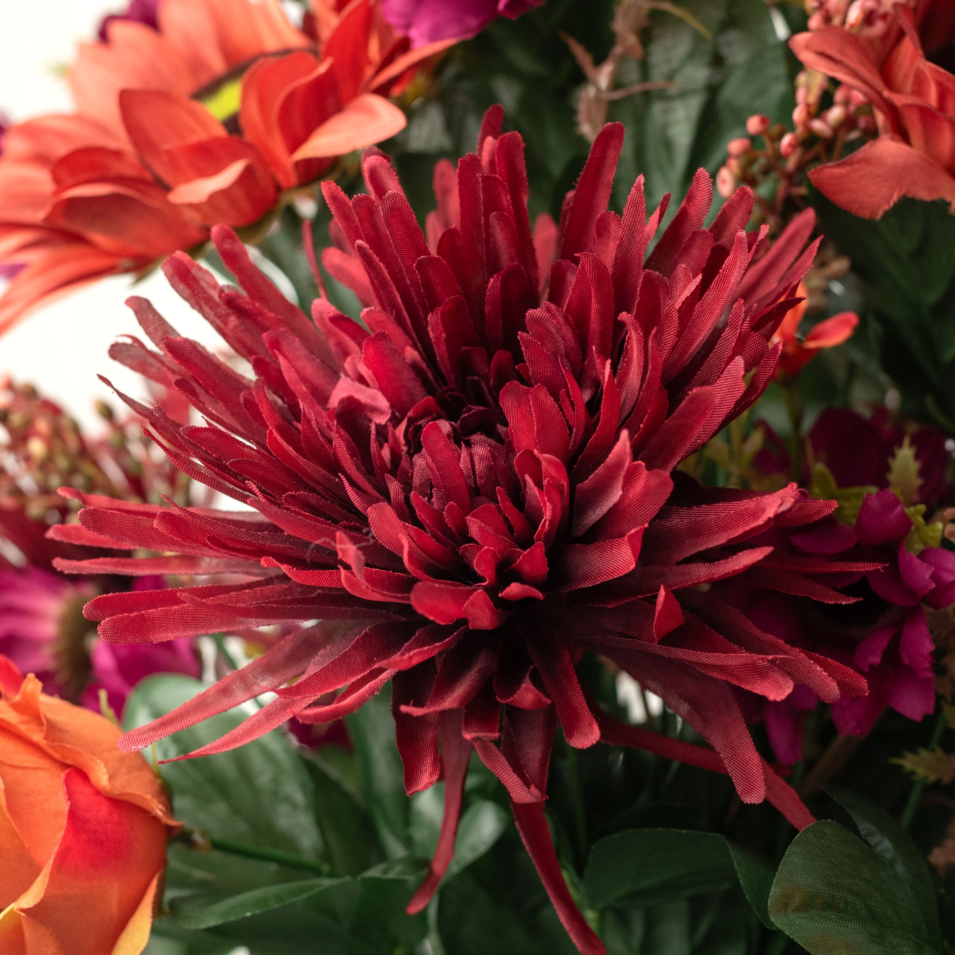 24" Mixed Spider Mum, Sunflower & Rose Bush: Burgundy & Rust (28 Stem) Lifestyle Photo