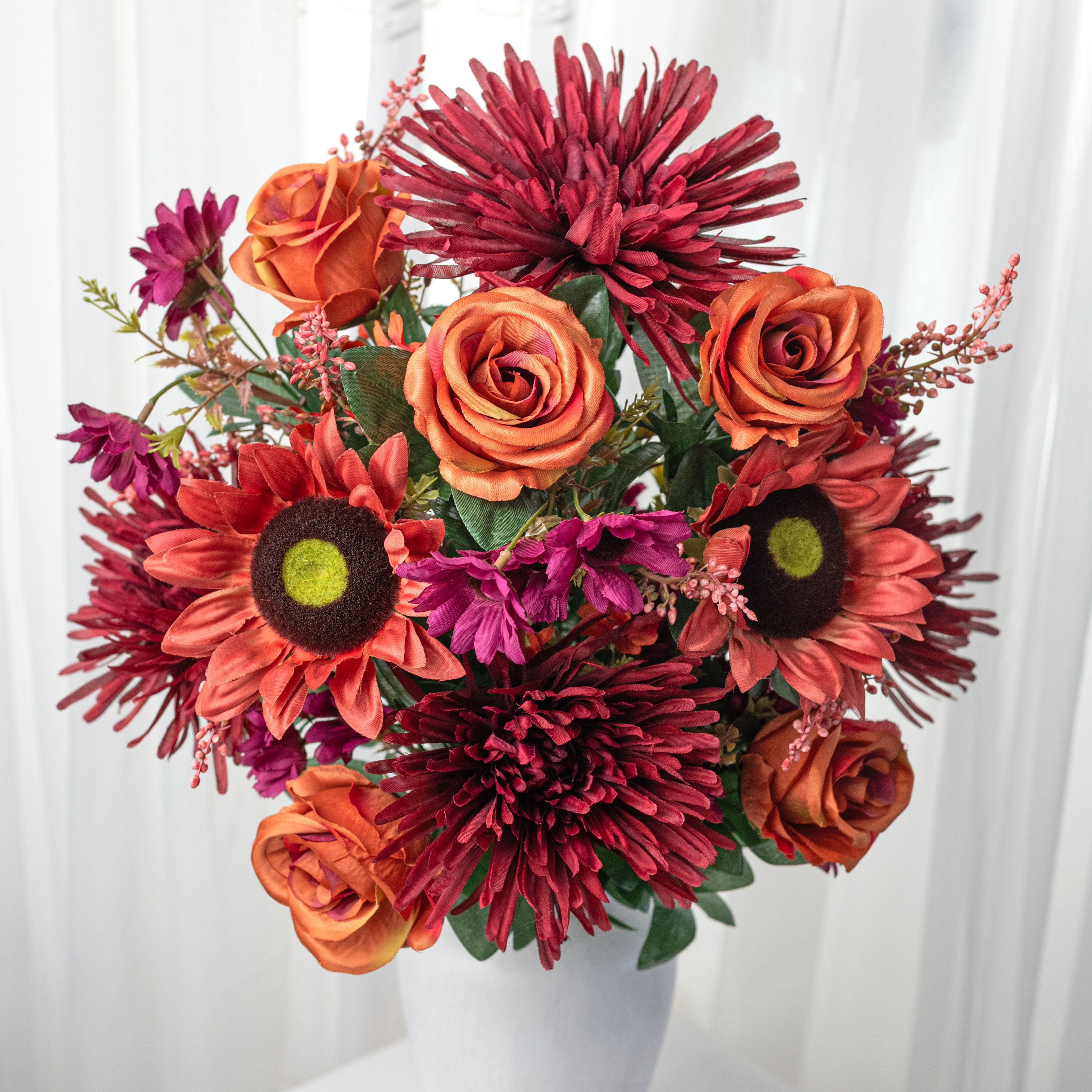 24" Mixed Spider Mum, Sunflower & Rose Bush: Burgundy & Rust (28 Stem) Item Number: 57194BGRT