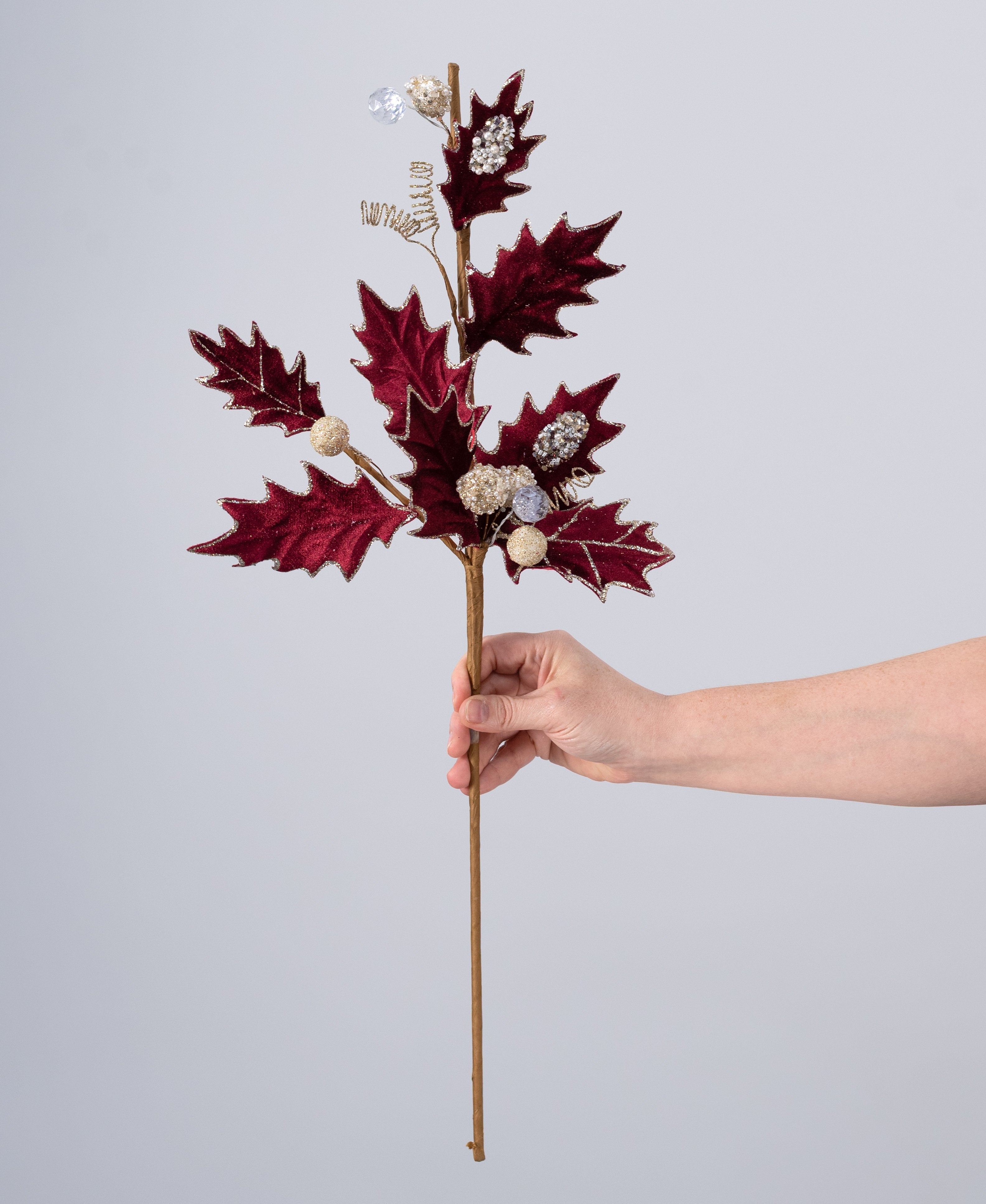 25" Velvet Holly & Berry Spray: Burgundy detail photo 3