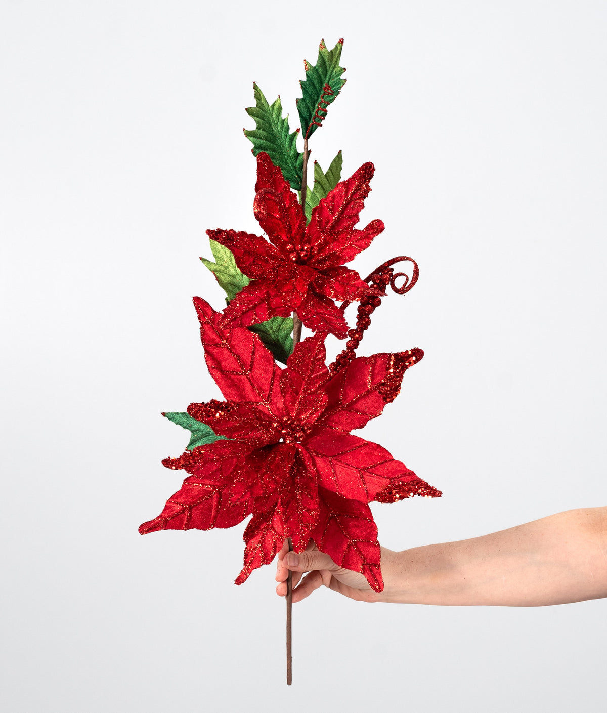 26" Double Glittered Velvet Poinsettia Spray: Red detail photo 3