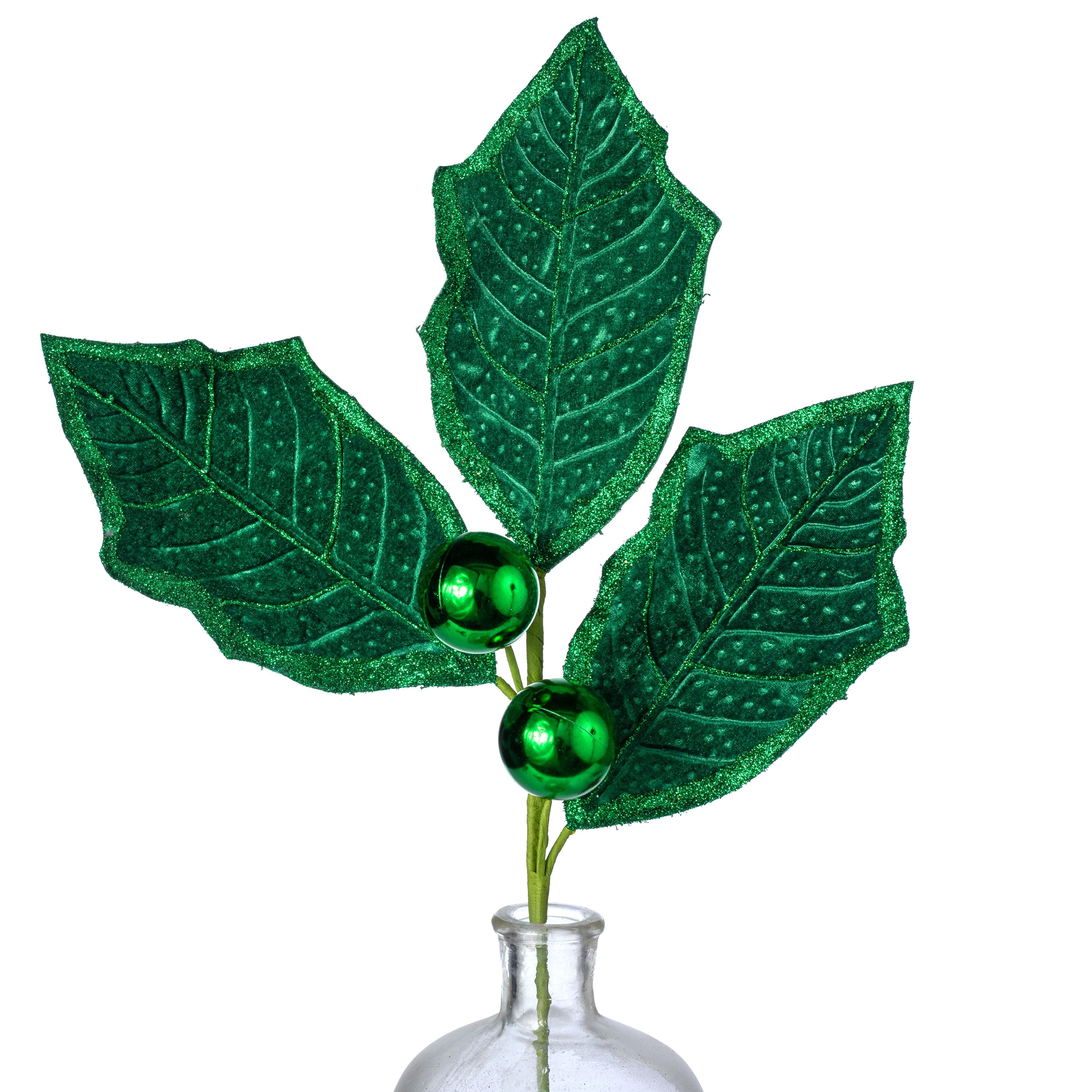 27" Velvet Holly Leaves Spray: Emerald Green Item Number: 86264GN